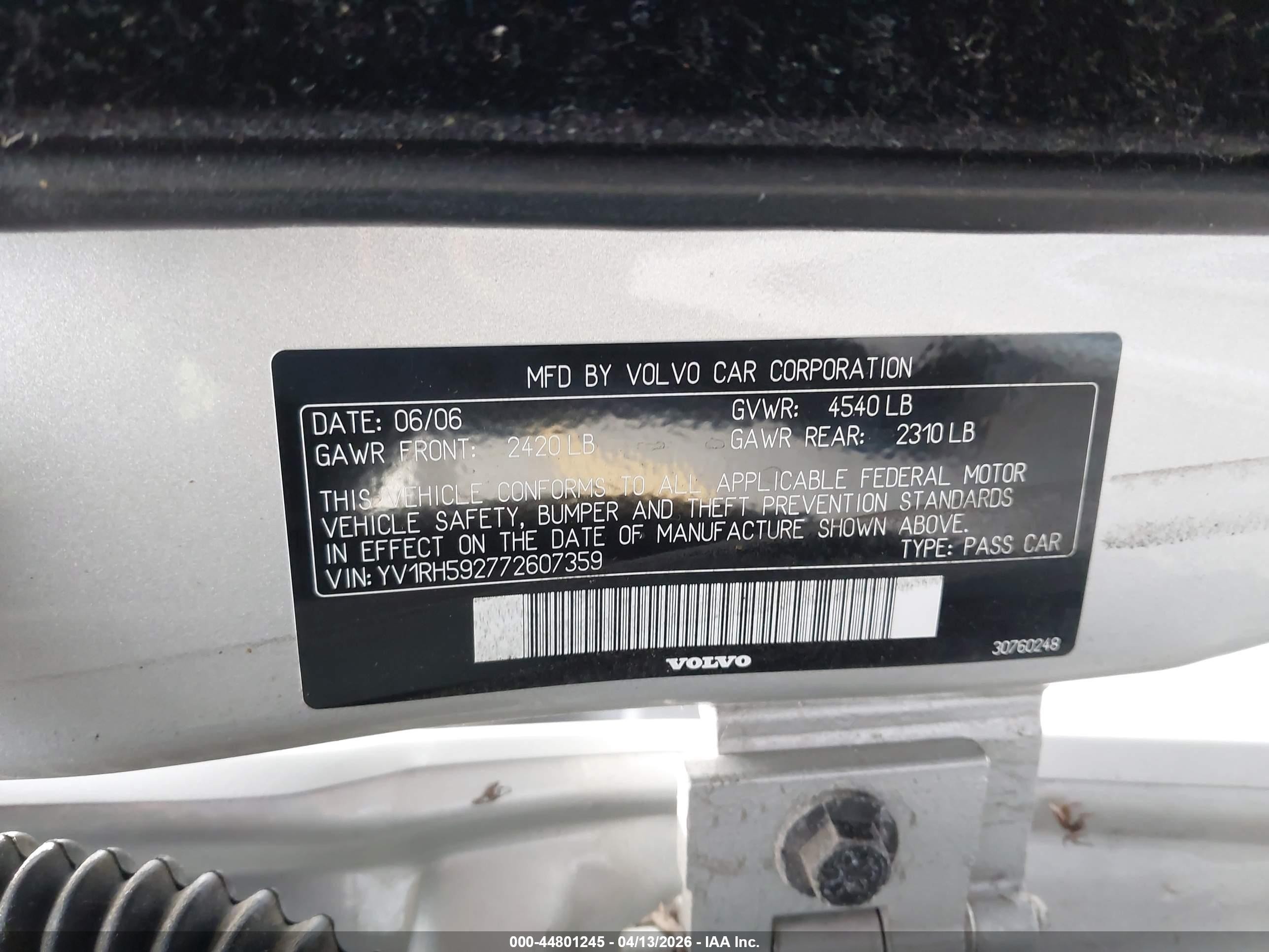 2007 Volvo S60 2.5t Silver vin: YV1RH592772607359