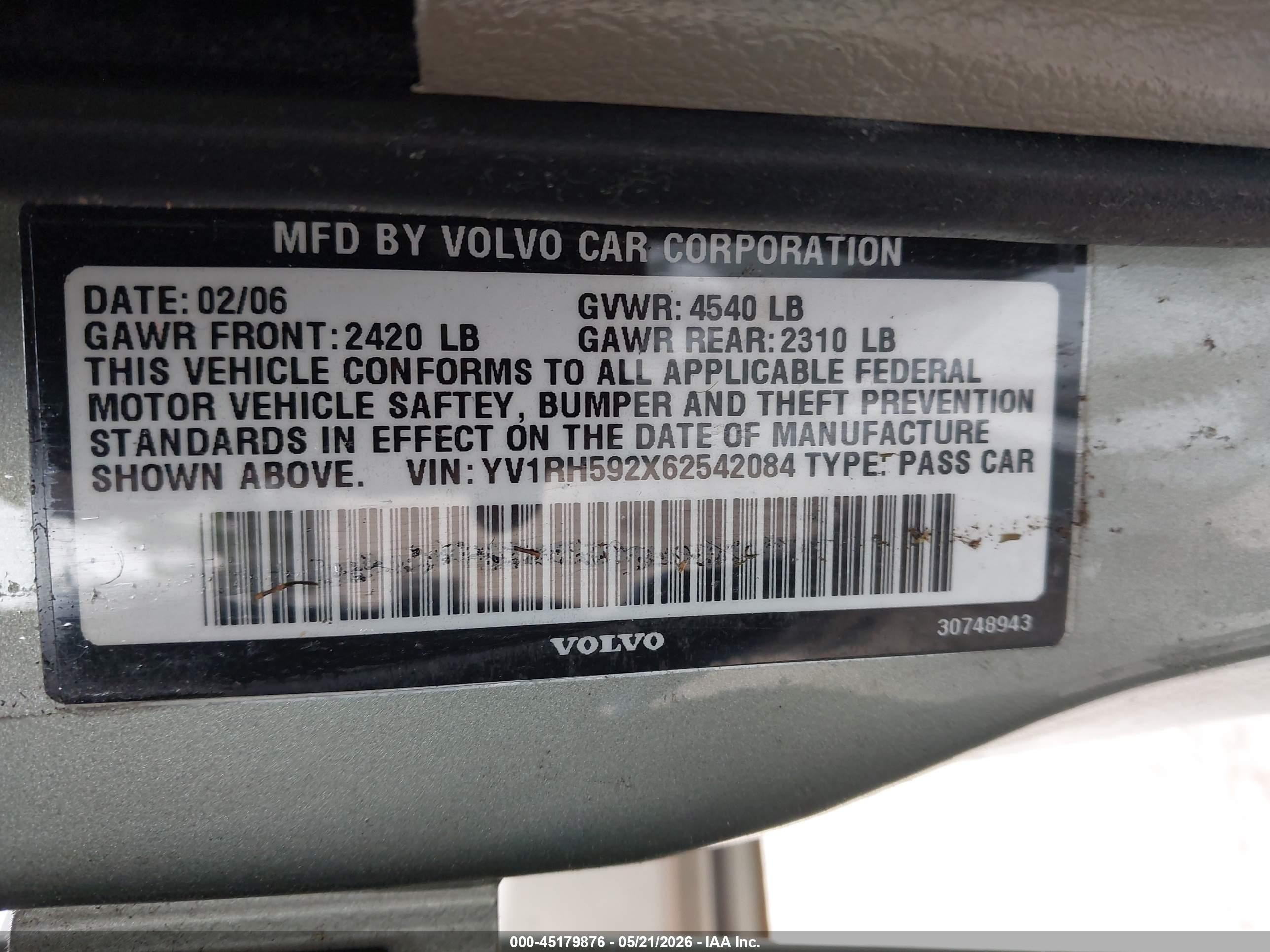 2006 Volvo S60 2.5t Green vin: YV1RH592X62542084