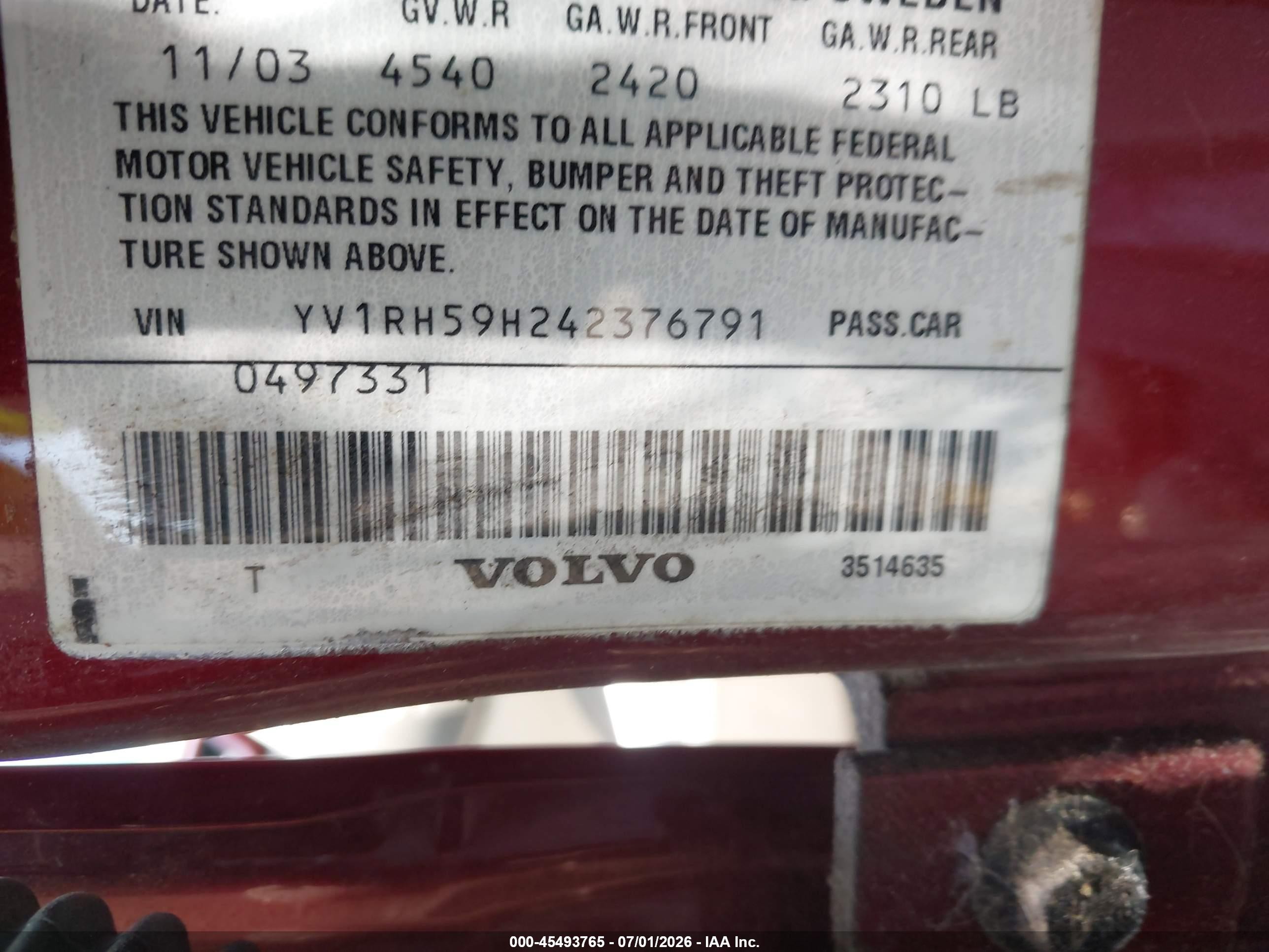 2004 Volvo S60 2.5t Awd Red vin: YV1RH59H242376791