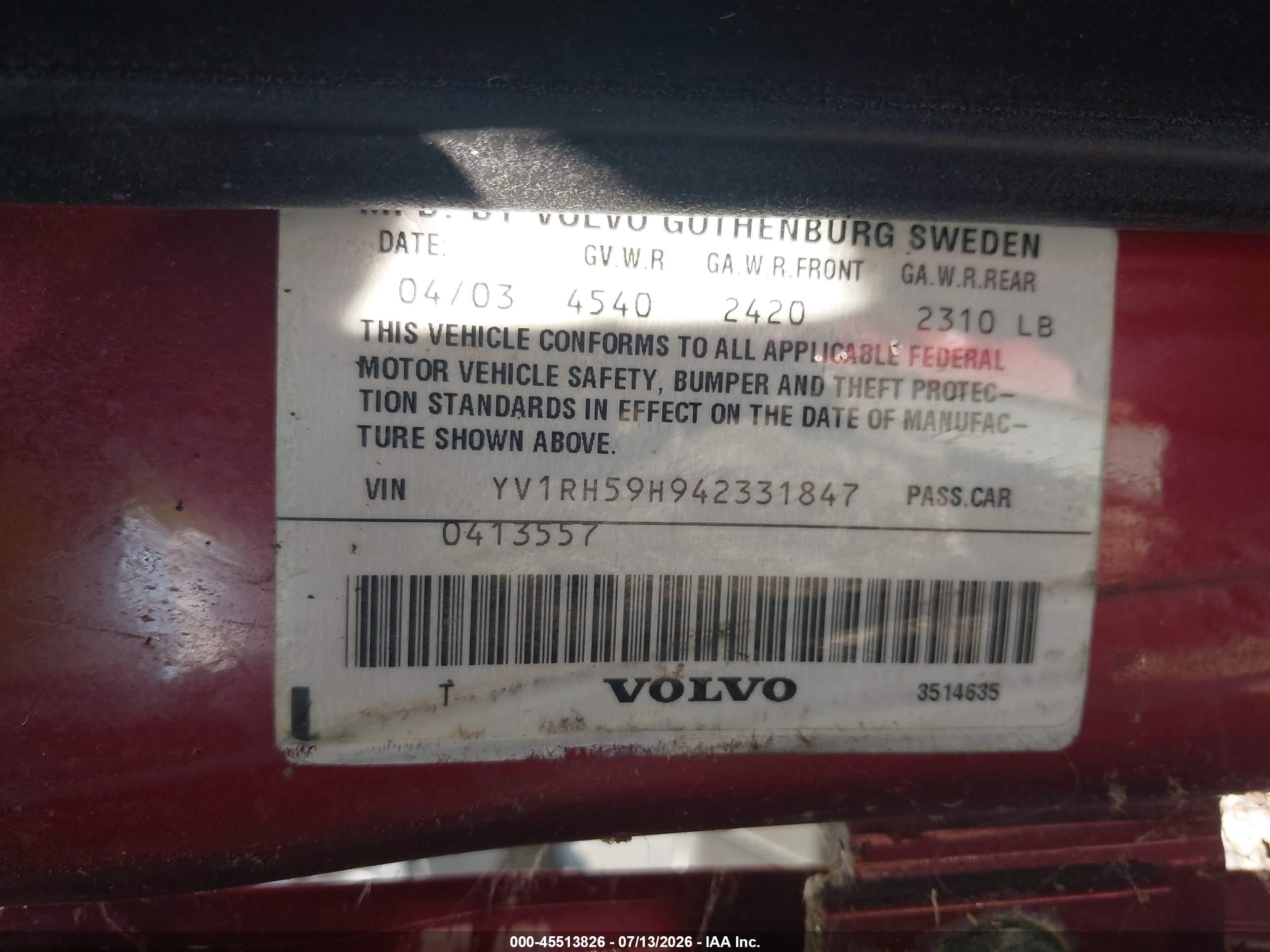 2004 Volvo S60 2.5t Awd Red vin: YV1RH59H942331847