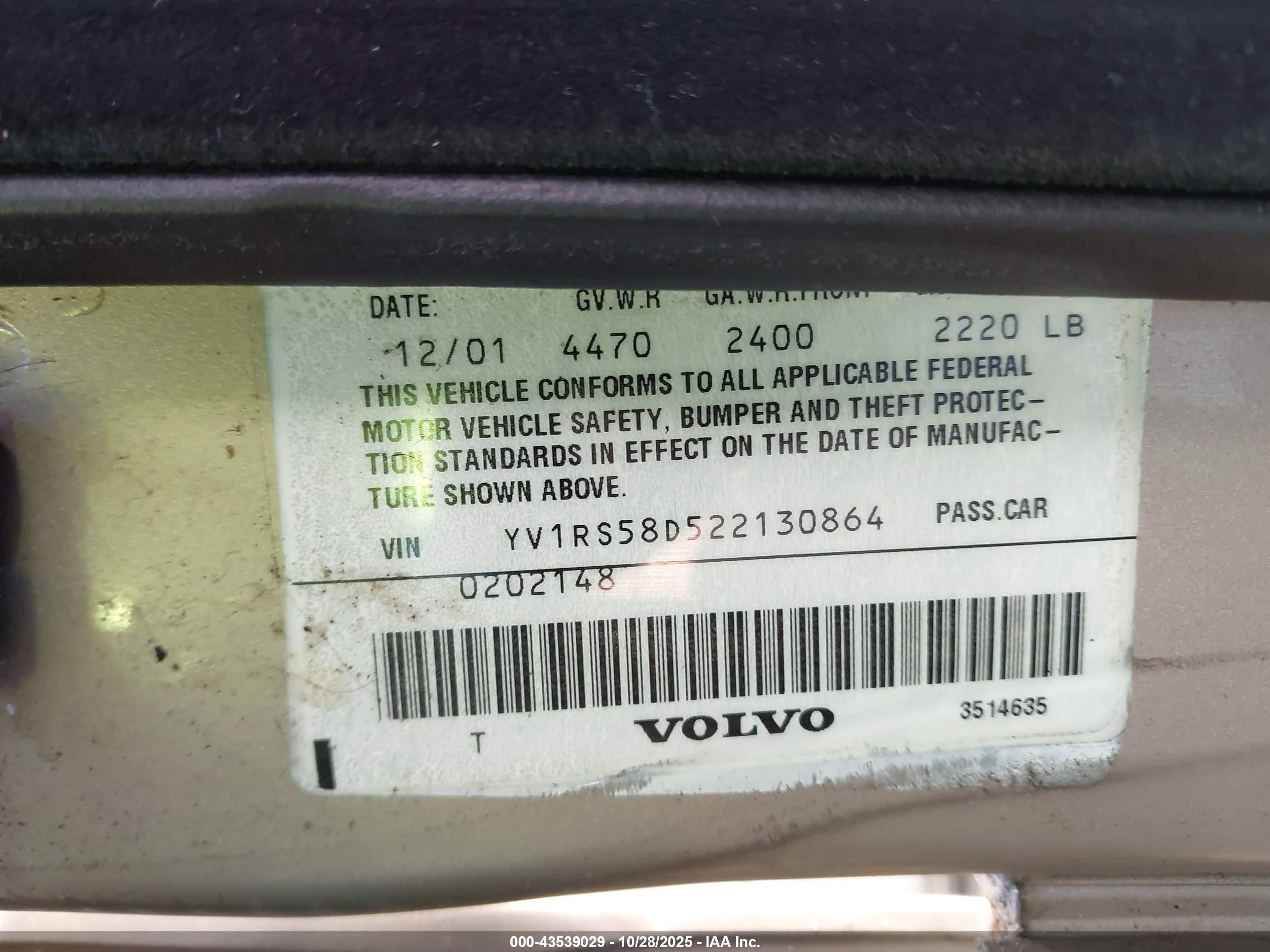 2002 Volvo S60 2.4t Желто-коричневый vin: YV1RS58D522130864