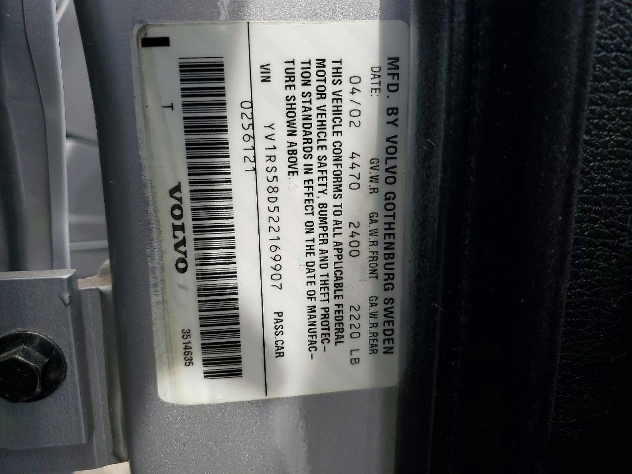 2002 Volvo S60 2.4t Silver vin: YV1RS58D522169907