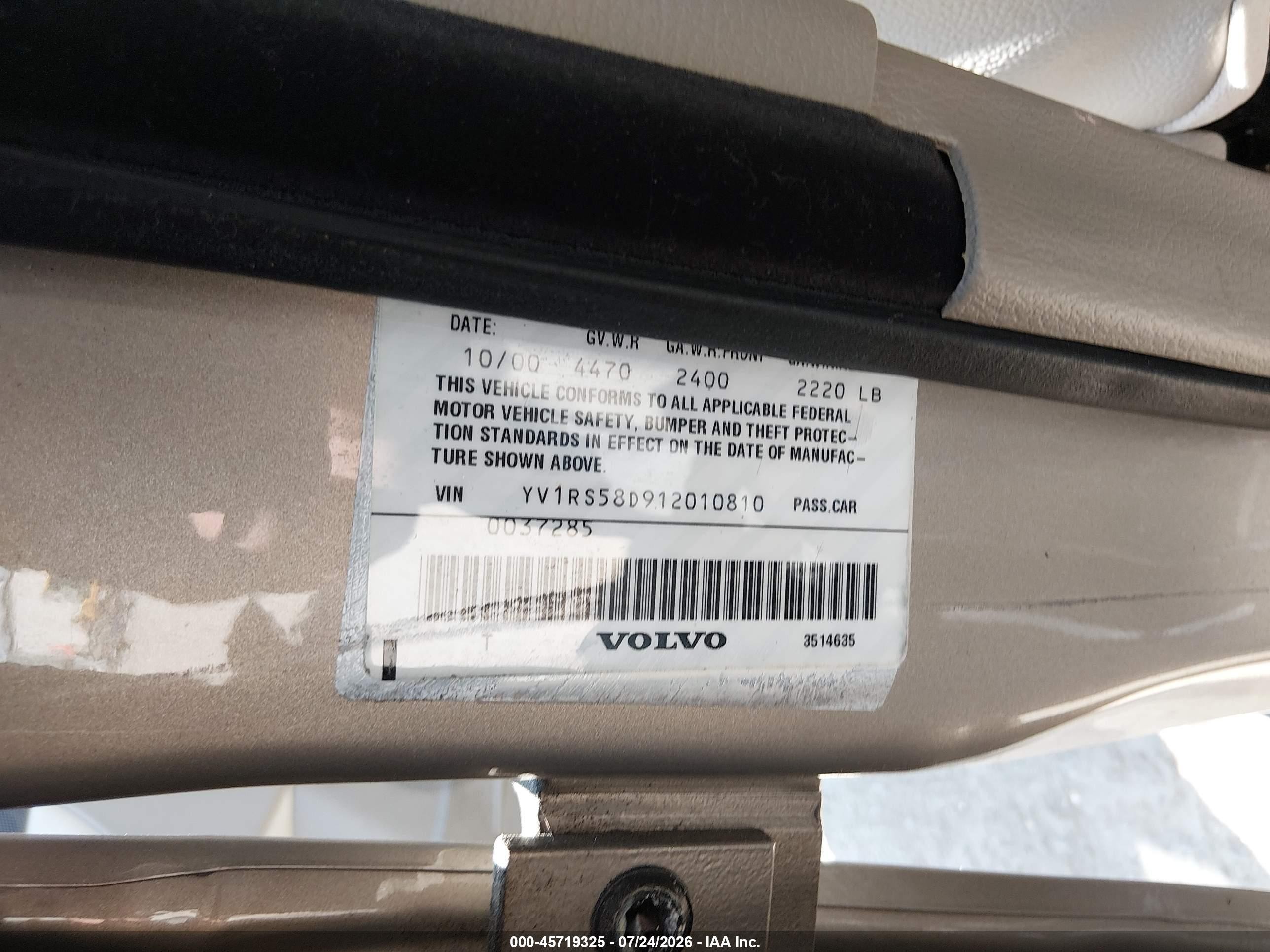 2001 Volvo S60 2.4t Желто-коричневый vin: YV1RS58D912010810
