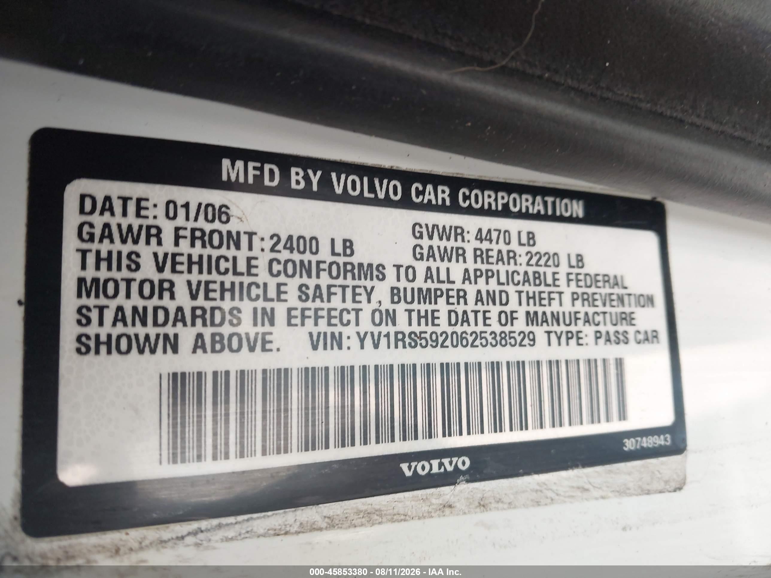 2006 Volvo S60 2.5t White vin: YV1RS592062538529
