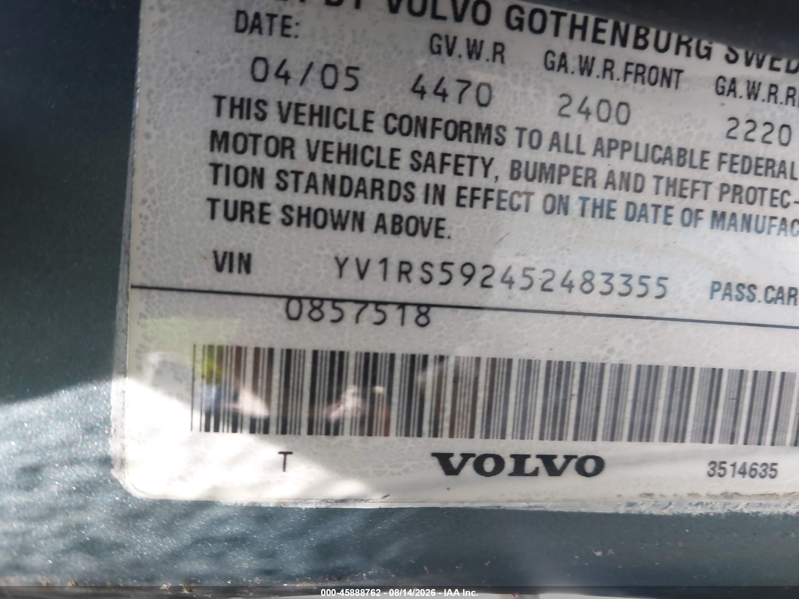 2005 Volvo S60 2.5t A/2.5t A Sr W/premium Package Teal vin: YV1RS592452483355
