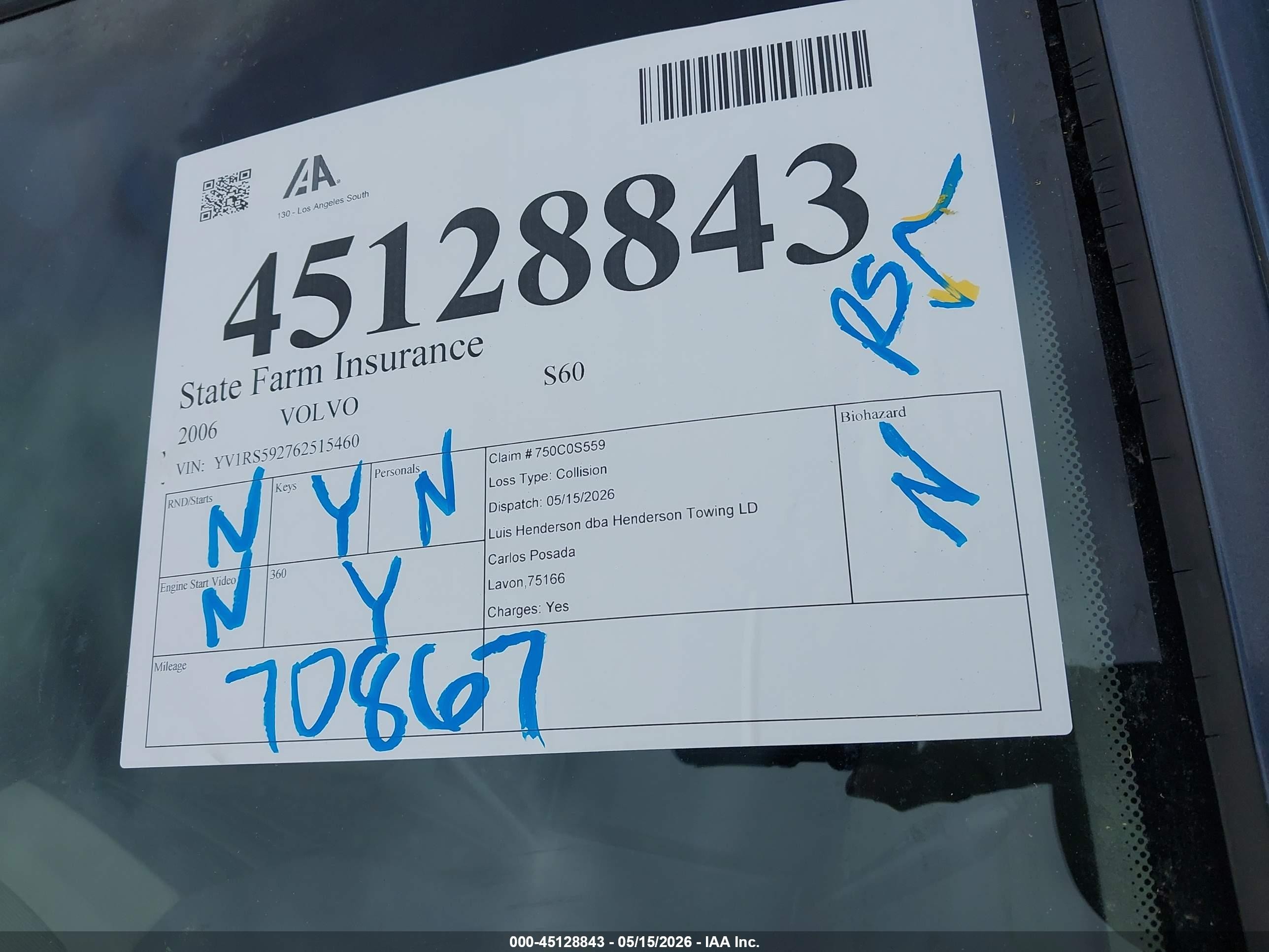 2006 Volvo S60 2.5t Blue vin: YV1RS592762515460