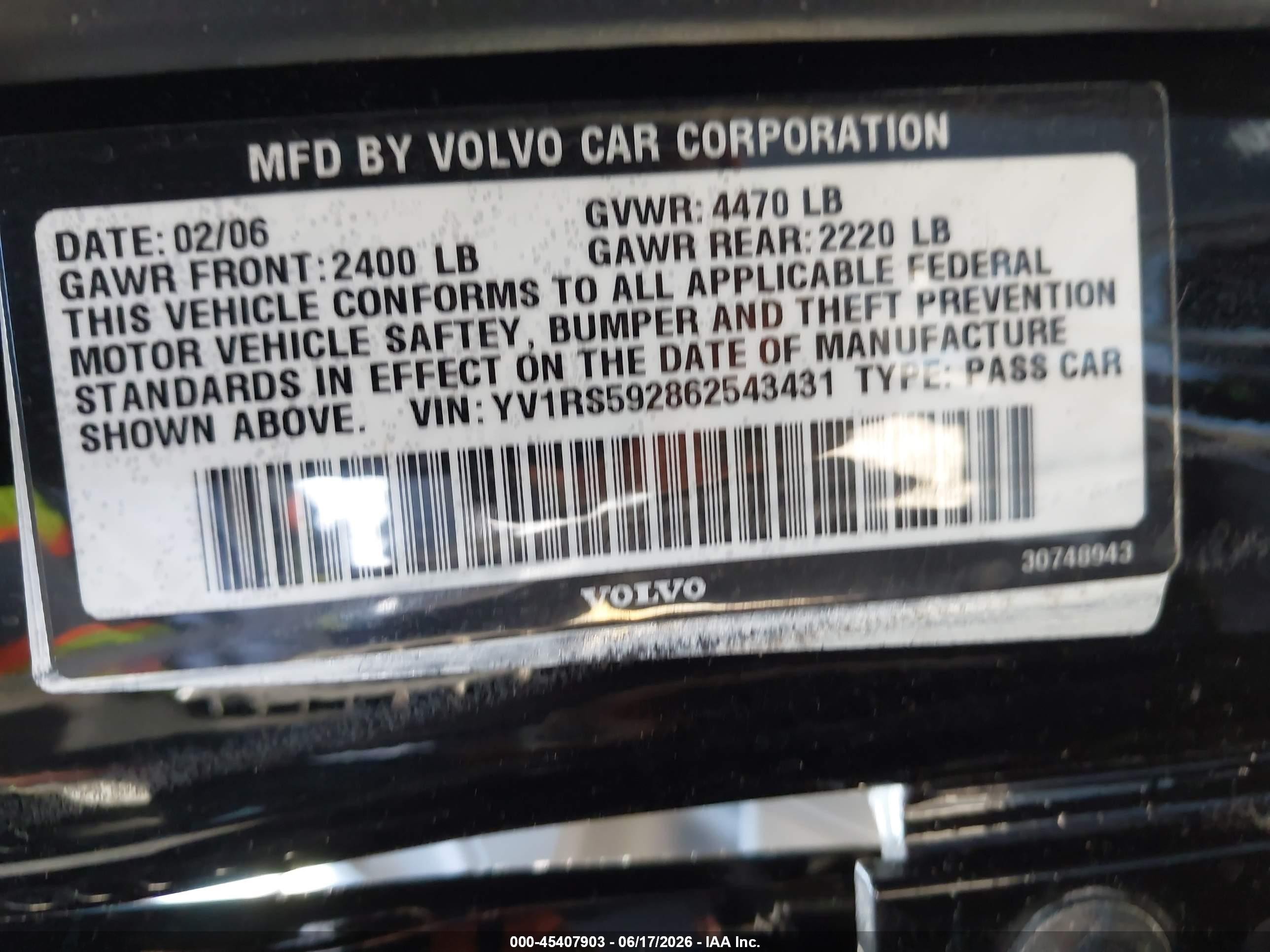 2006 Volvo S60 2.5t Black vin: YV1RS592862543431