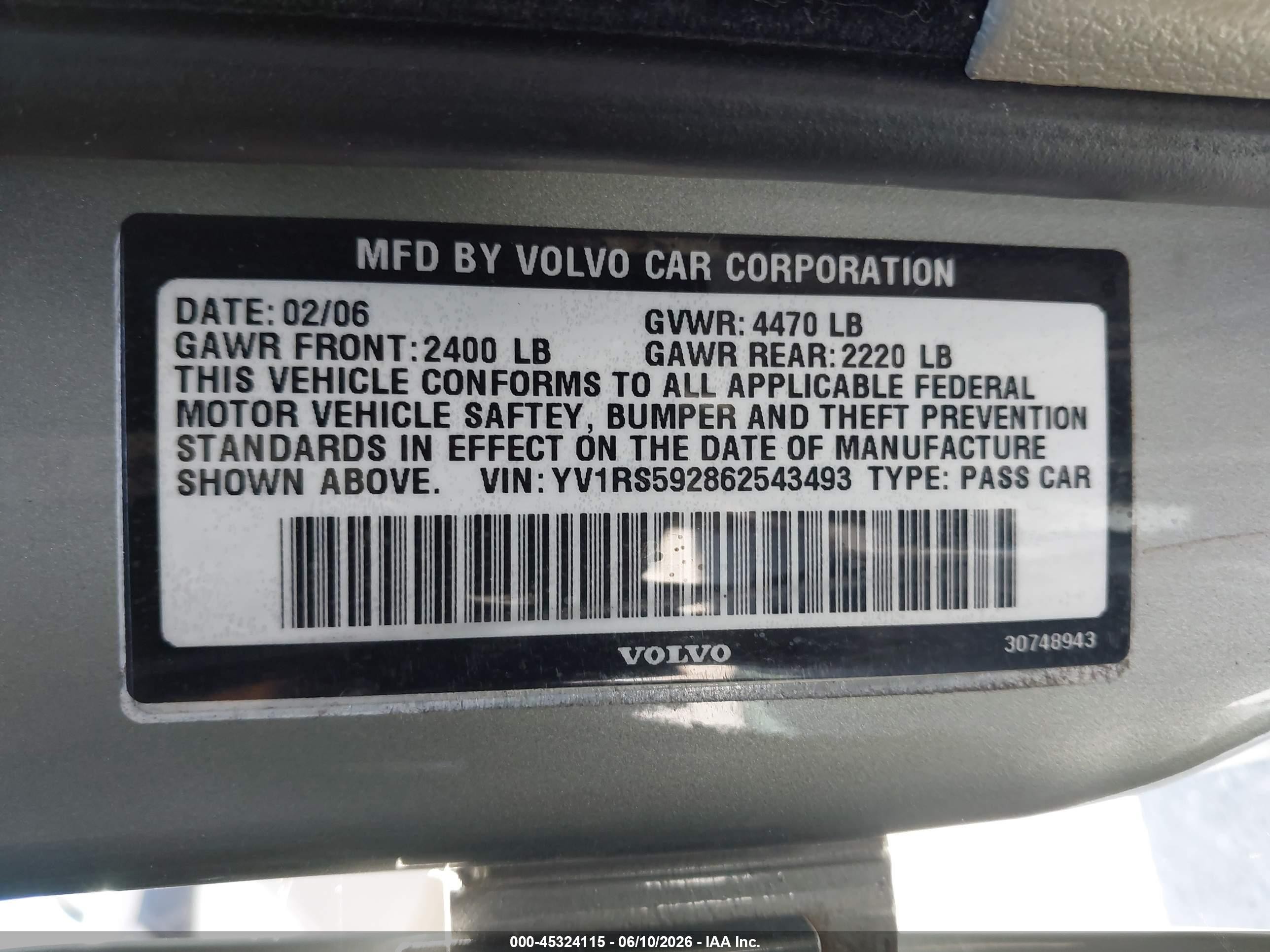 2006 Volvo S60 2.5t Silver vin: YV1RS592862543493