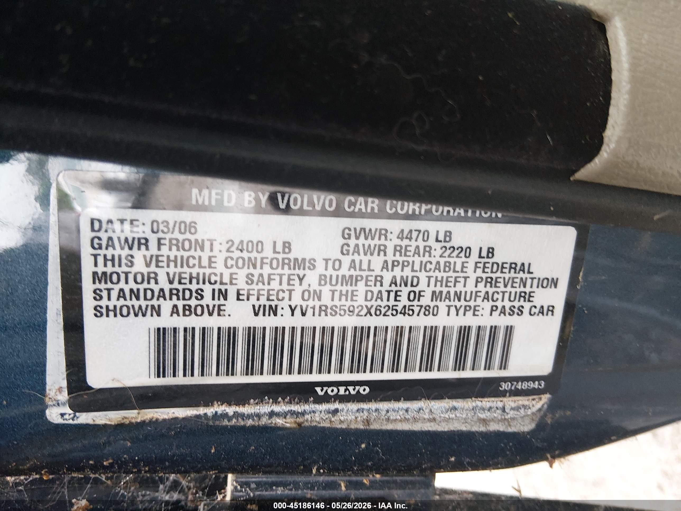 2006 Volvo S60 2.5t Blue vin: YV1RS592X62545780