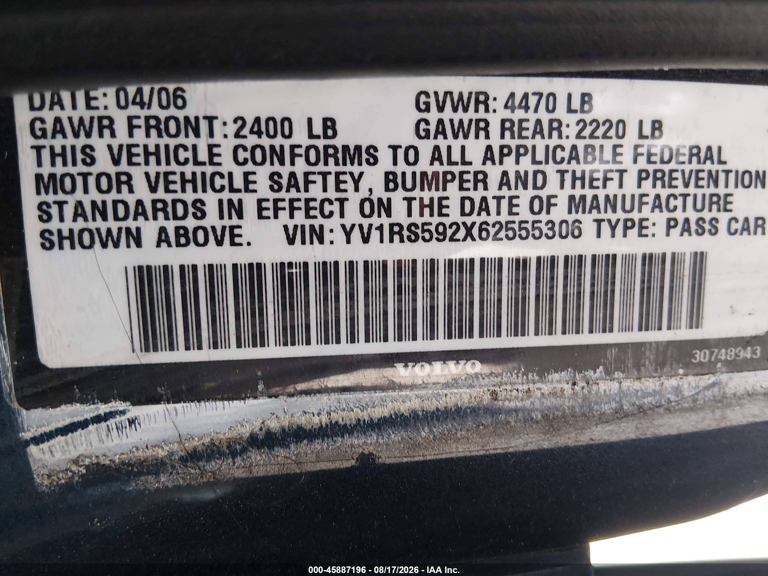 2006 Volvo S60 2.5t Blue vin: YV1RS592X62555306