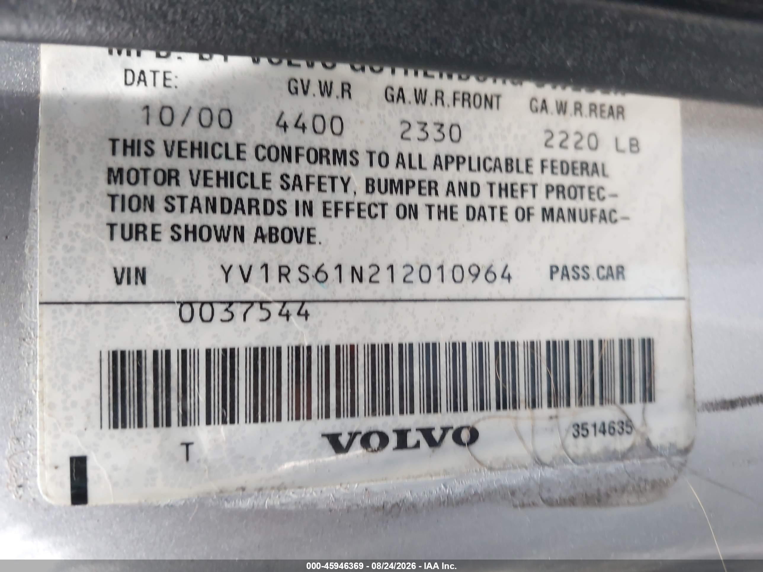 2001 Volvo S60 2.4 Серый vin: YV1RS61N212010964