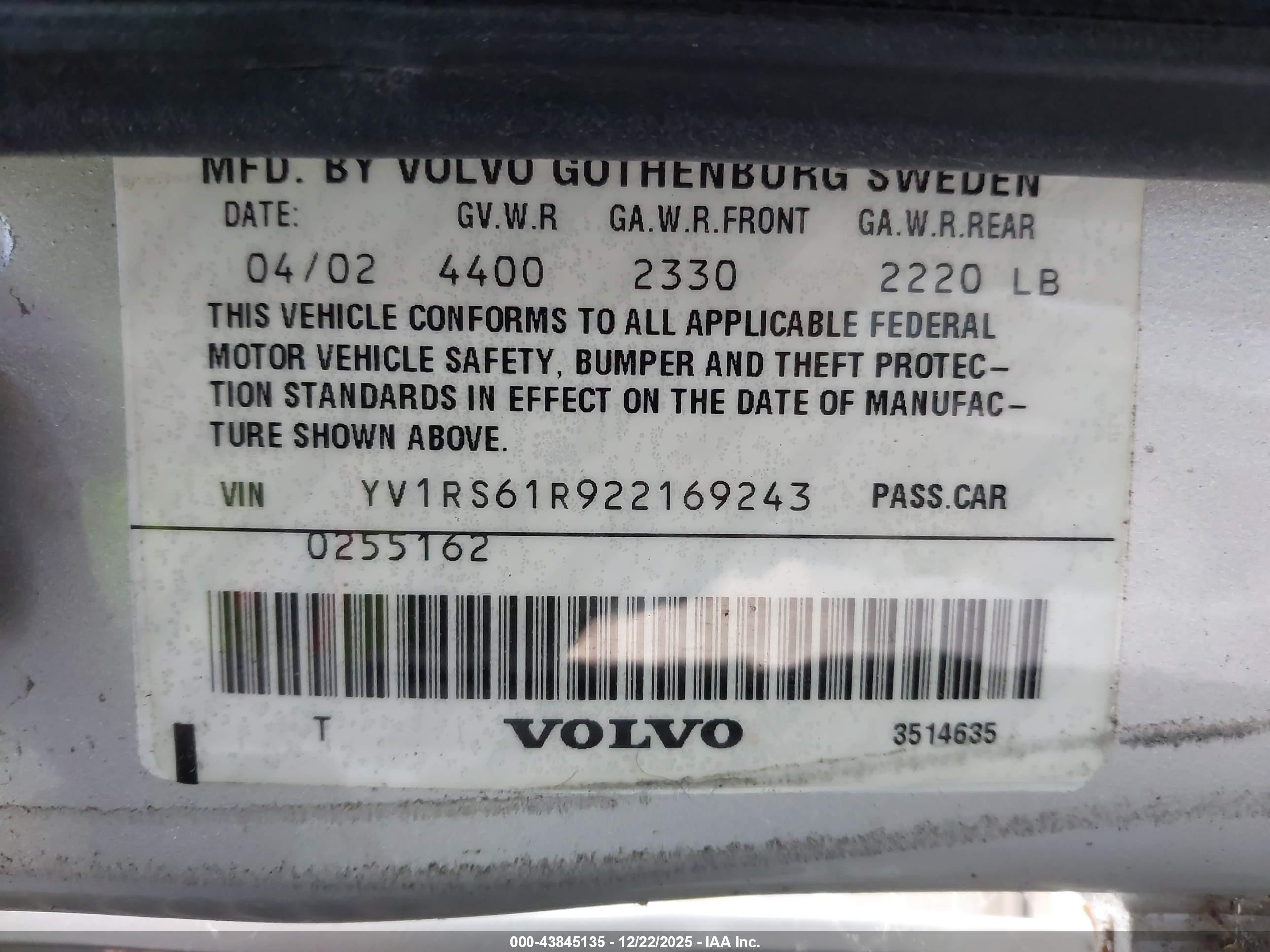2002 Volvo S60 2.4 Silver vin: YV1RS61R922169243