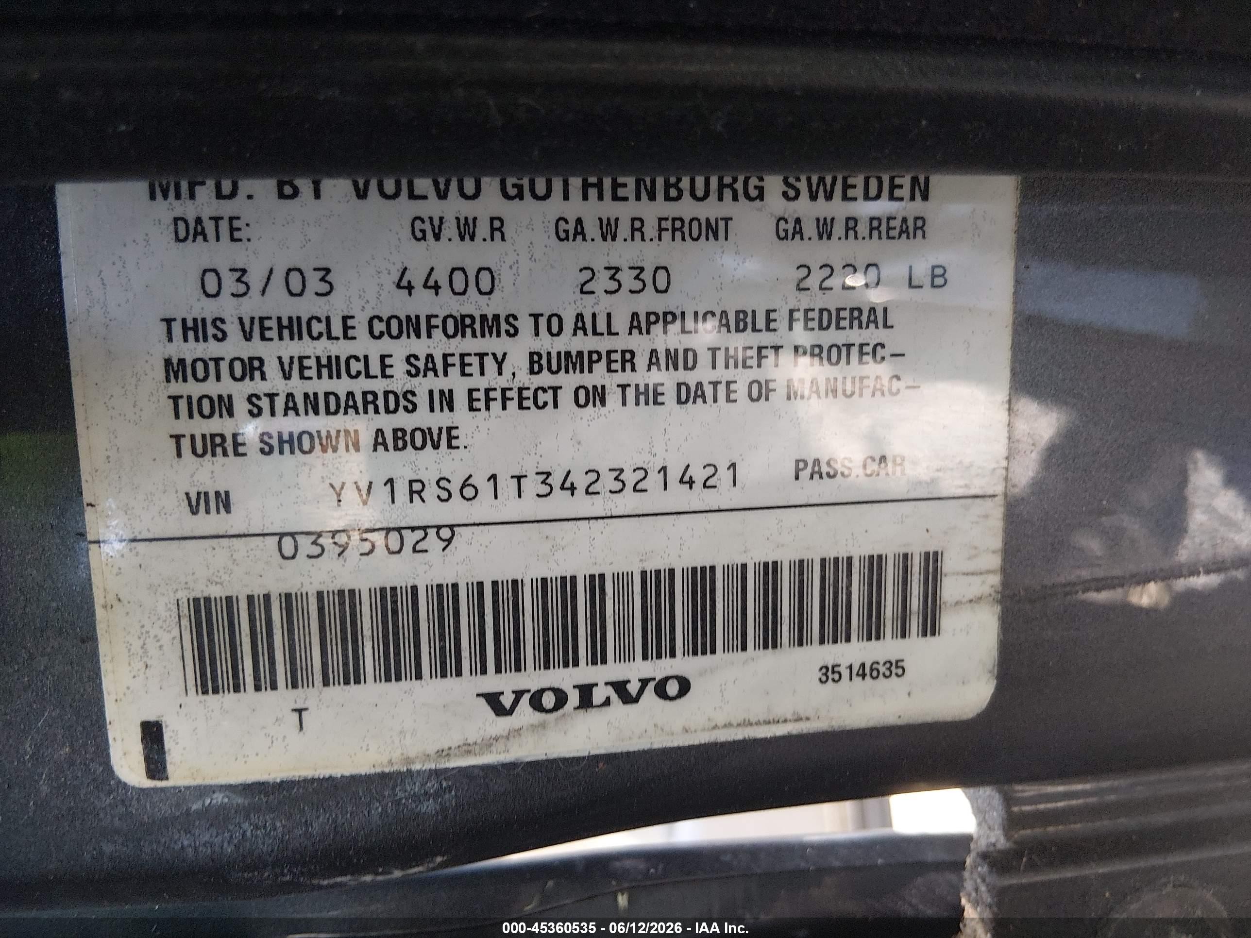 2004 Volvo S60 2.4 Blue vin: YV1RS61T342321421