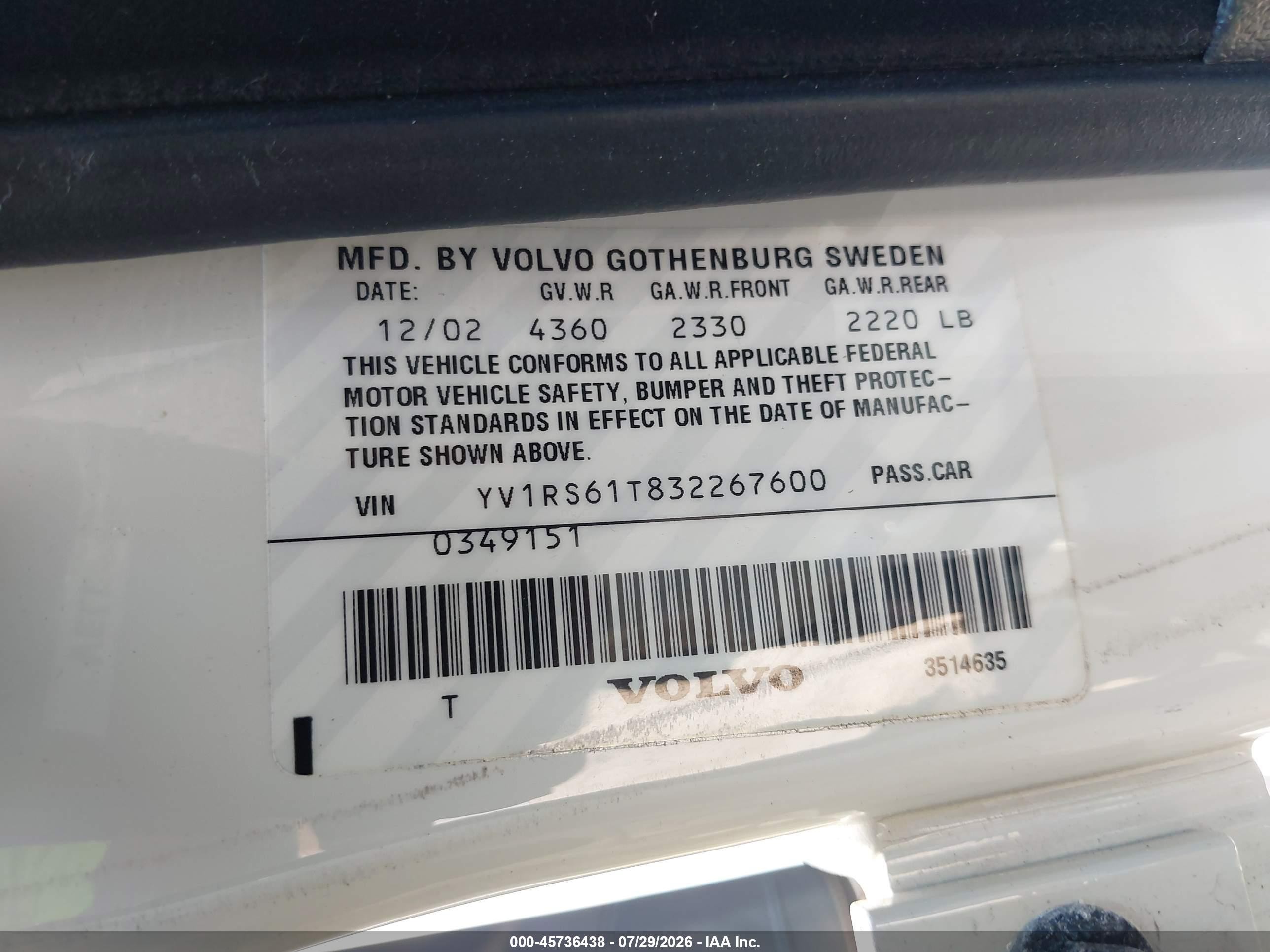 2003 Volvo S60 2.4 White vin: YV1RS61T832267600