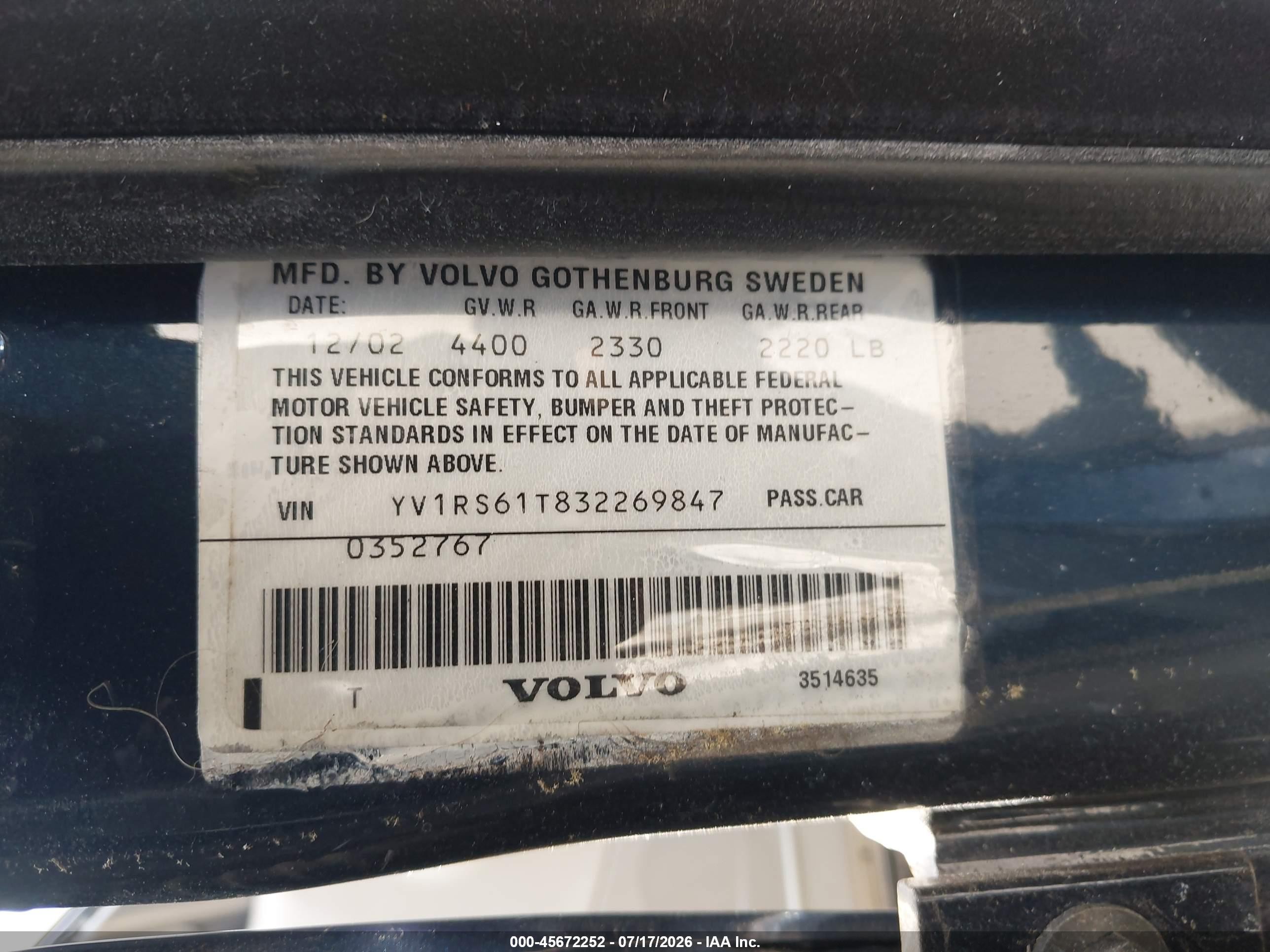 2003 Volvo S60 2.4 Синий vin: YV1RS61T832269847