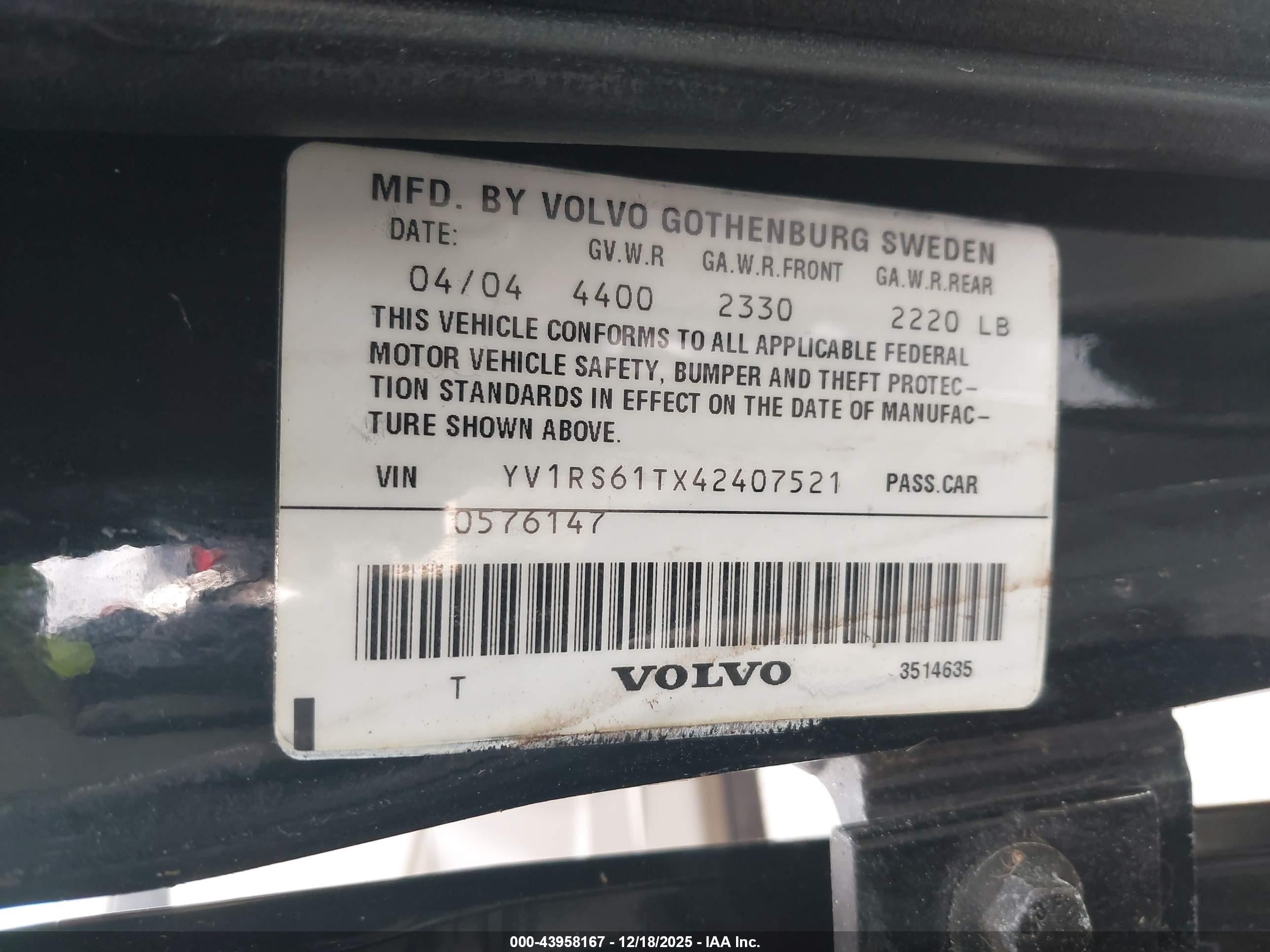 2004 Volvo S60 2.4 Black vin: YV1RS61TX42407521