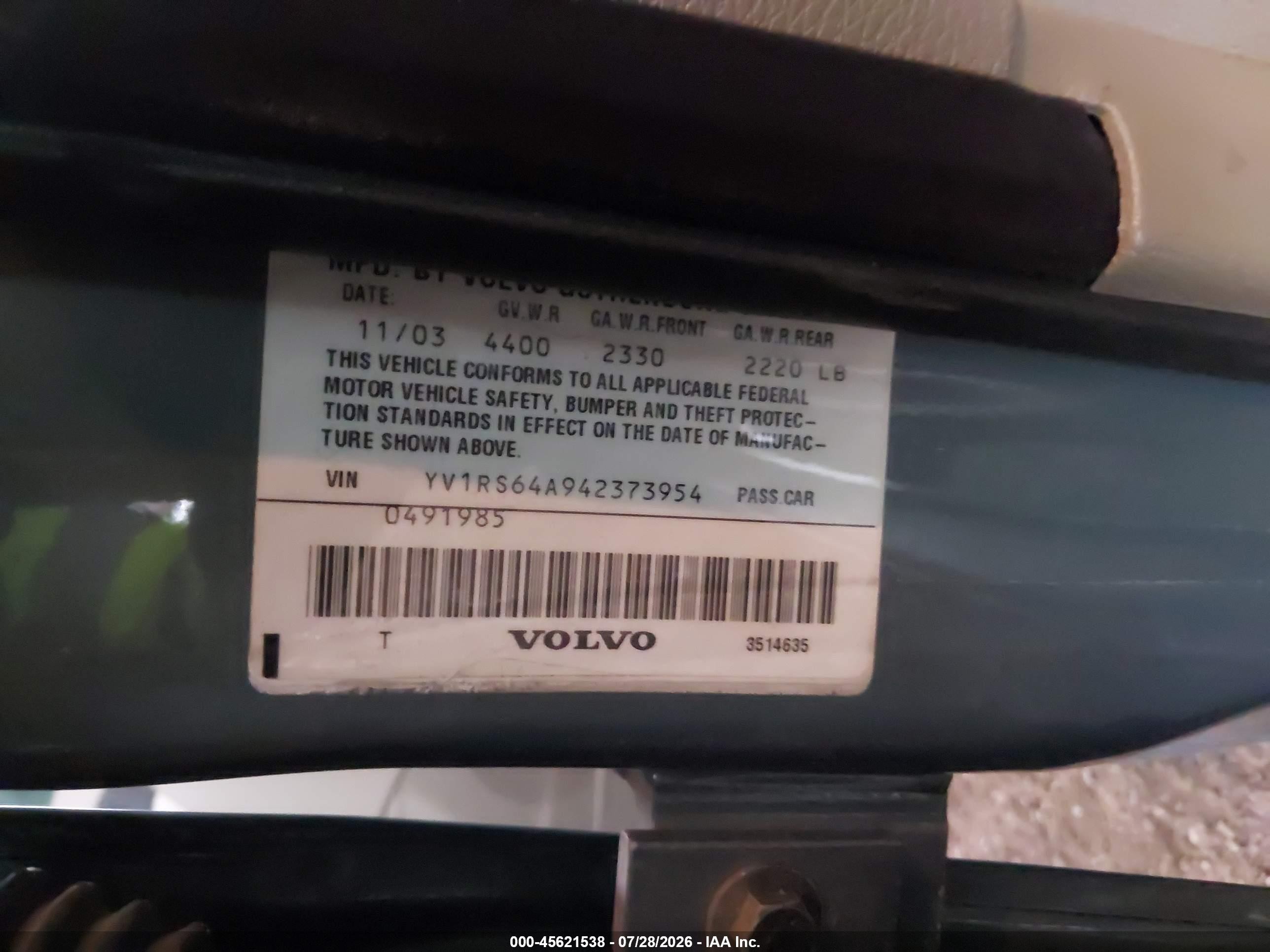 2004 Volvo S60 2.4 Light Blue vin: YV1RS64A942373954