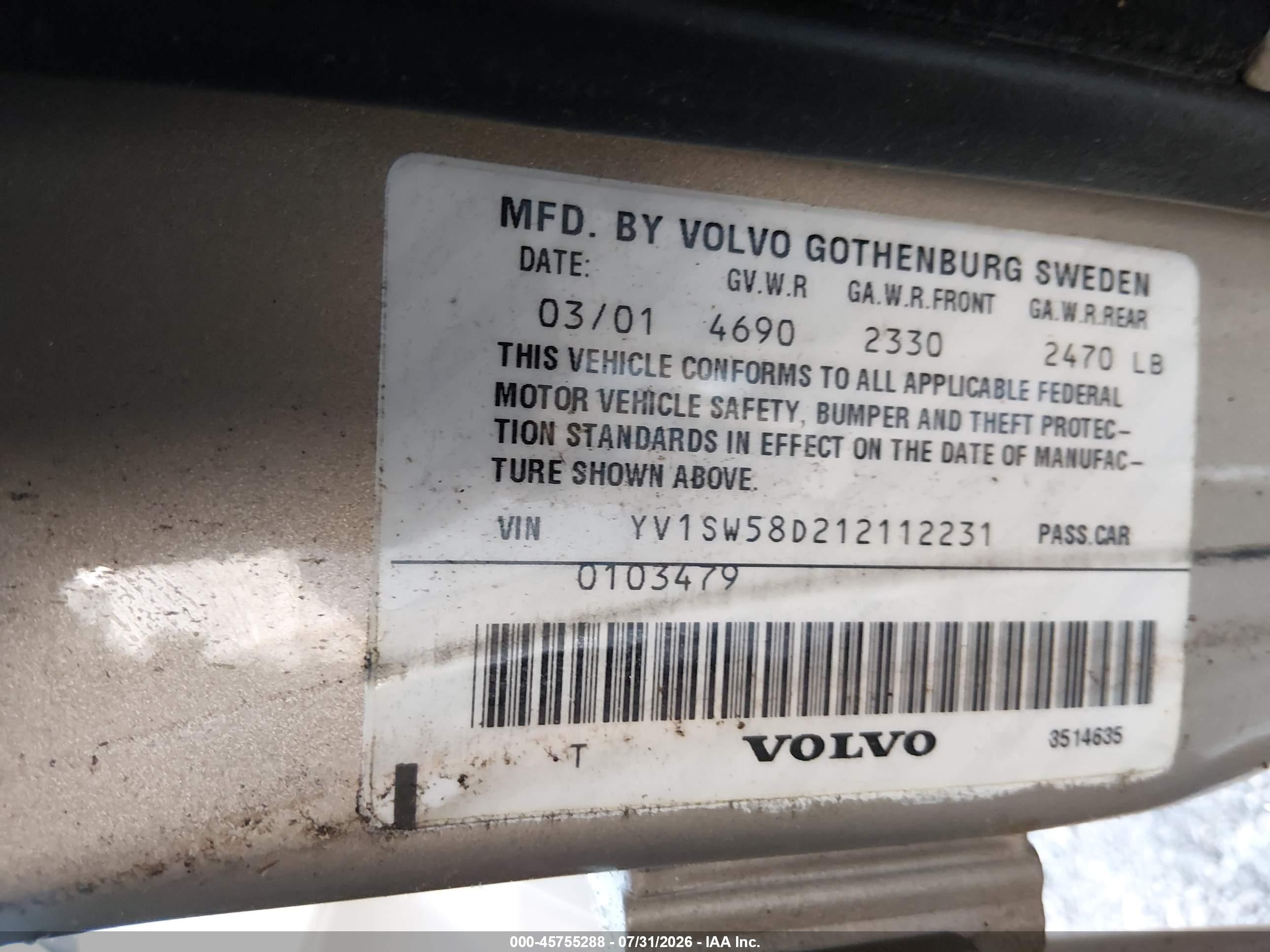2001 Volvo V70 2.4t Tan vin: YV1SW58D212112231