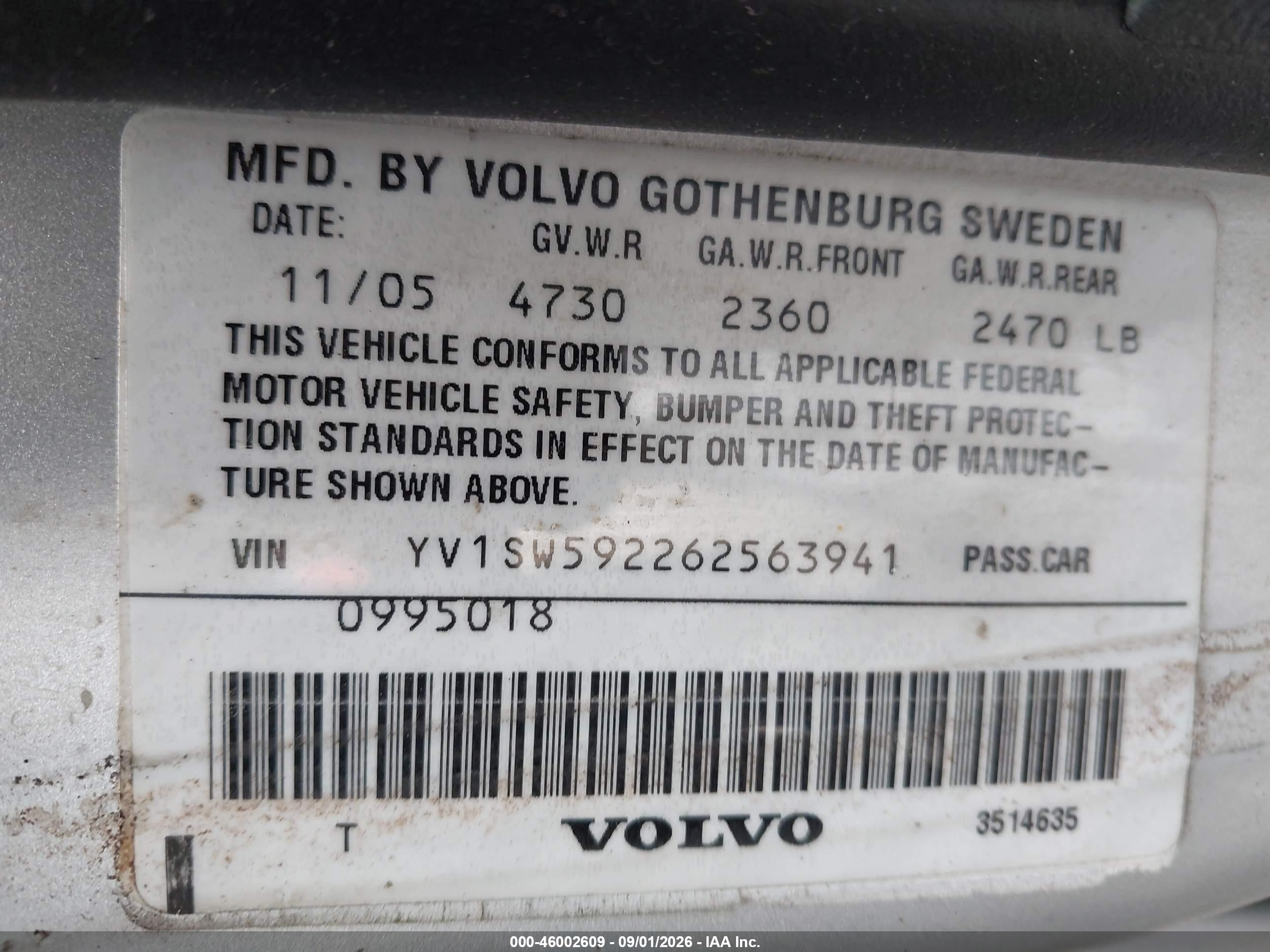 2006 Volvo V70 2.5t Silver vin: YV1SW592262563941
