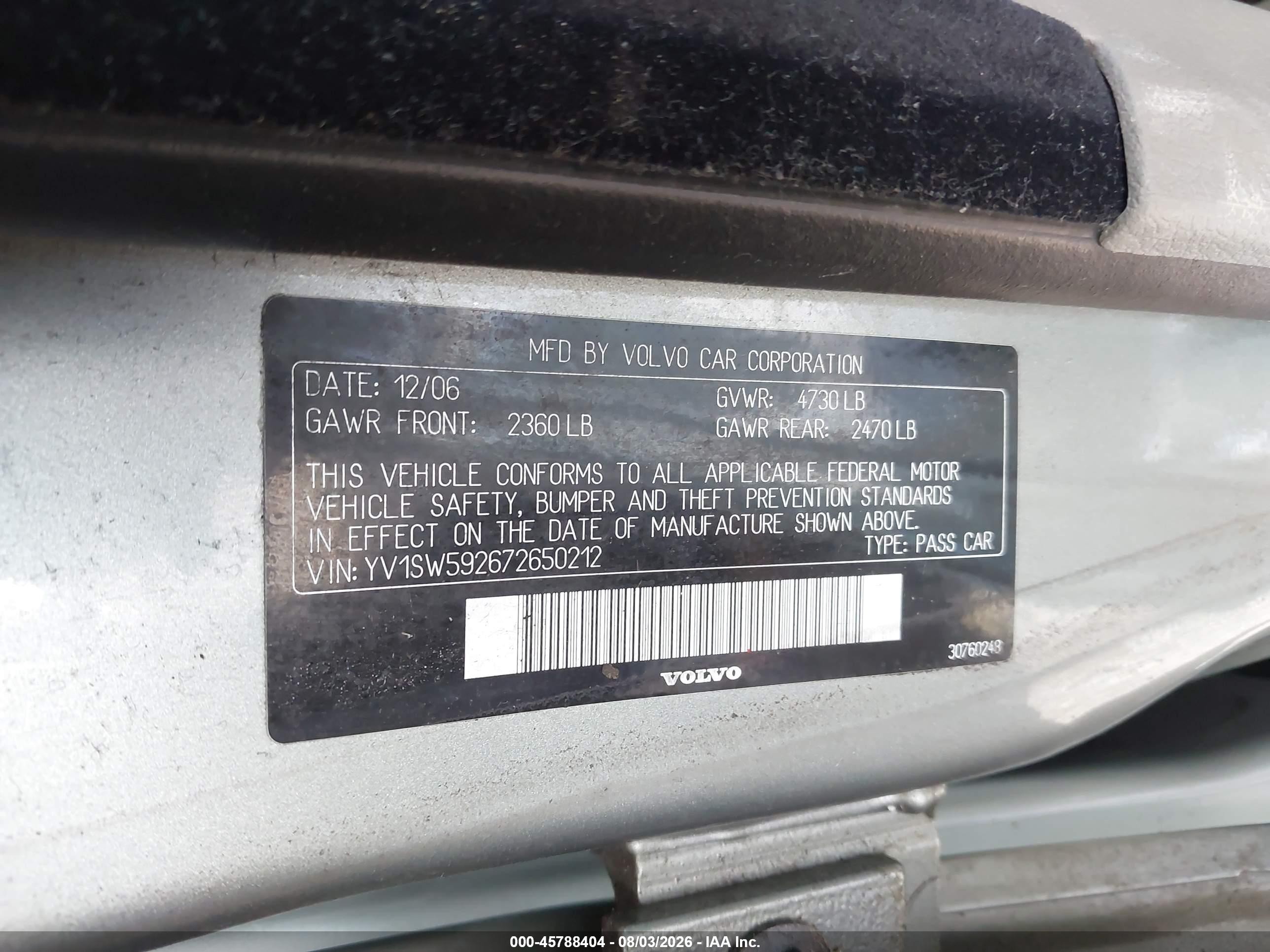 2007 Volvo V70 2.5t Gray vin: YV1SW592672650212
