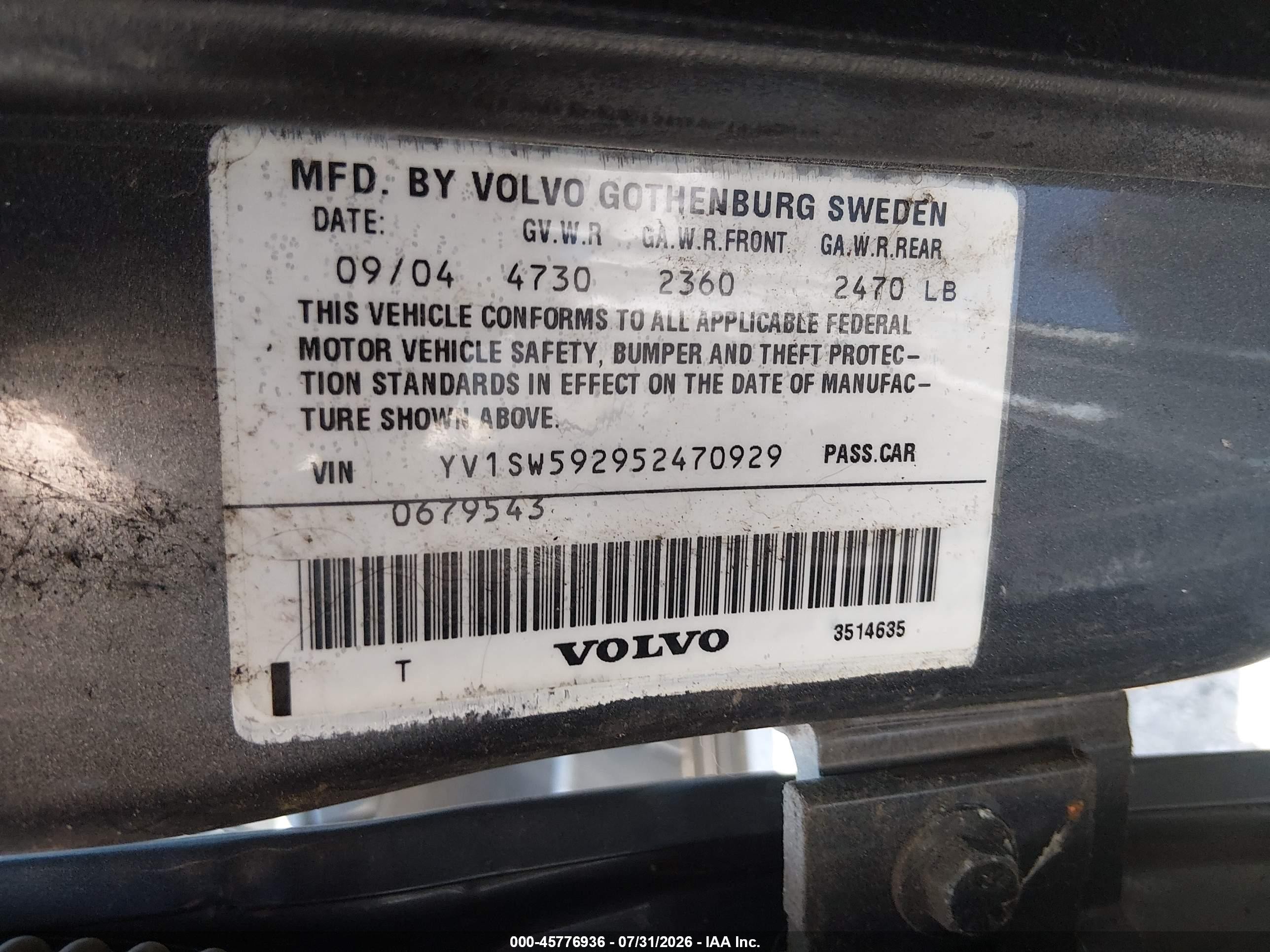 2005 Volvo V70 2.5t A/2.5t A Sr Gray vin: YV1SW592952470929