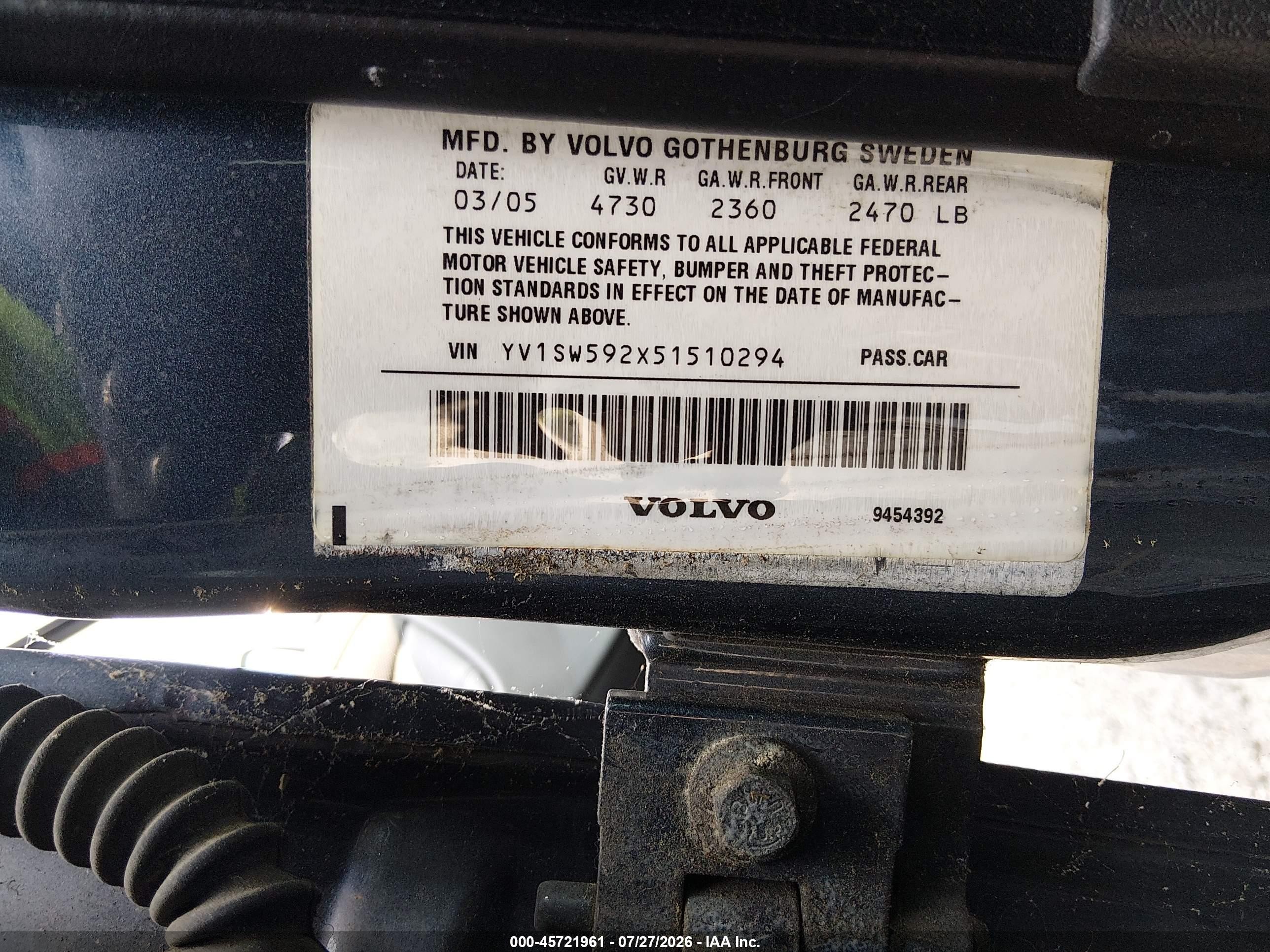 2005 Volvo V70 2.5t A/2.5t A Sr Gray vin: YV1SW592X51510294