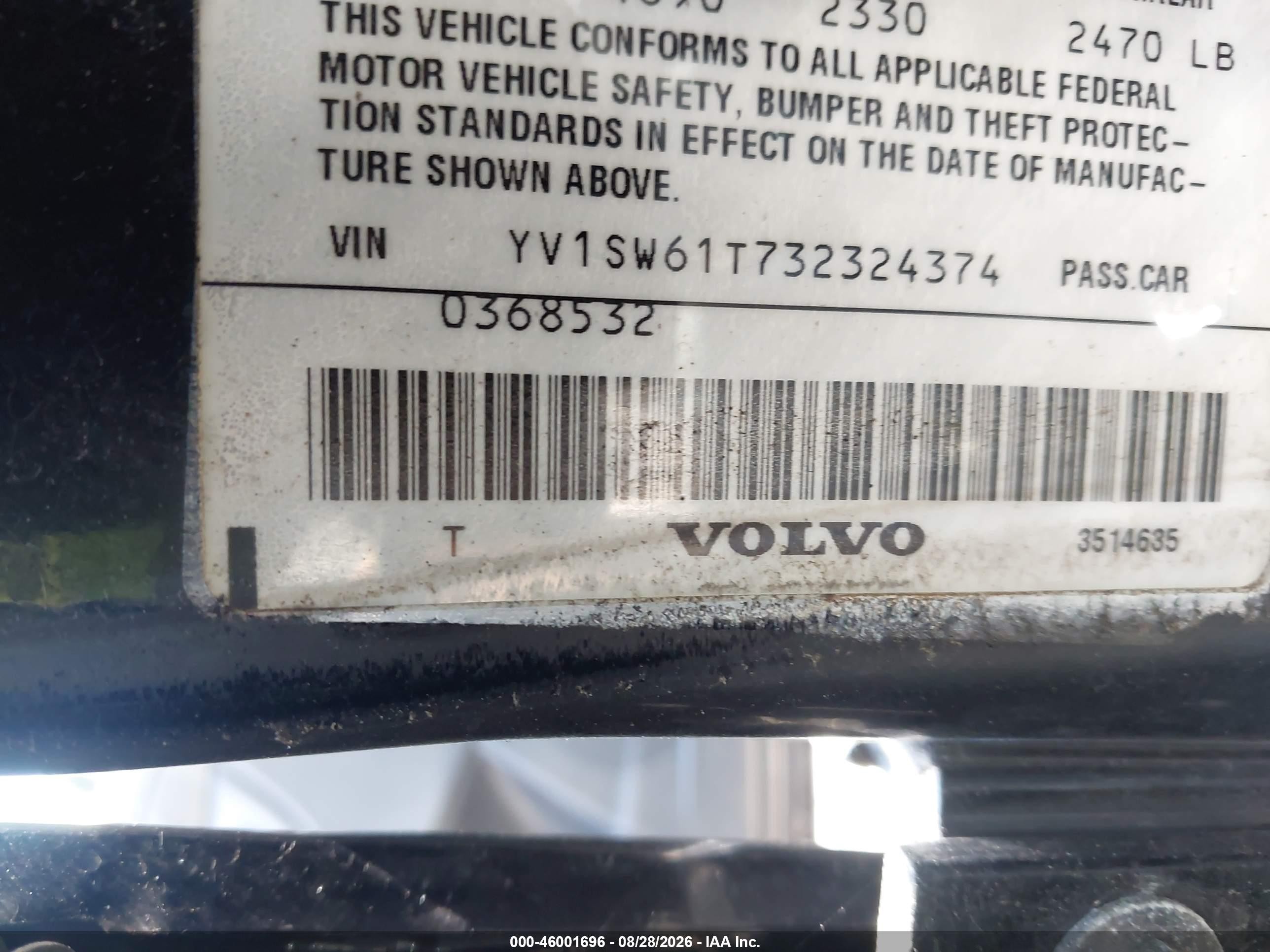2003 Volvo V70 2.4 Black vin: YV1SW61T732324374