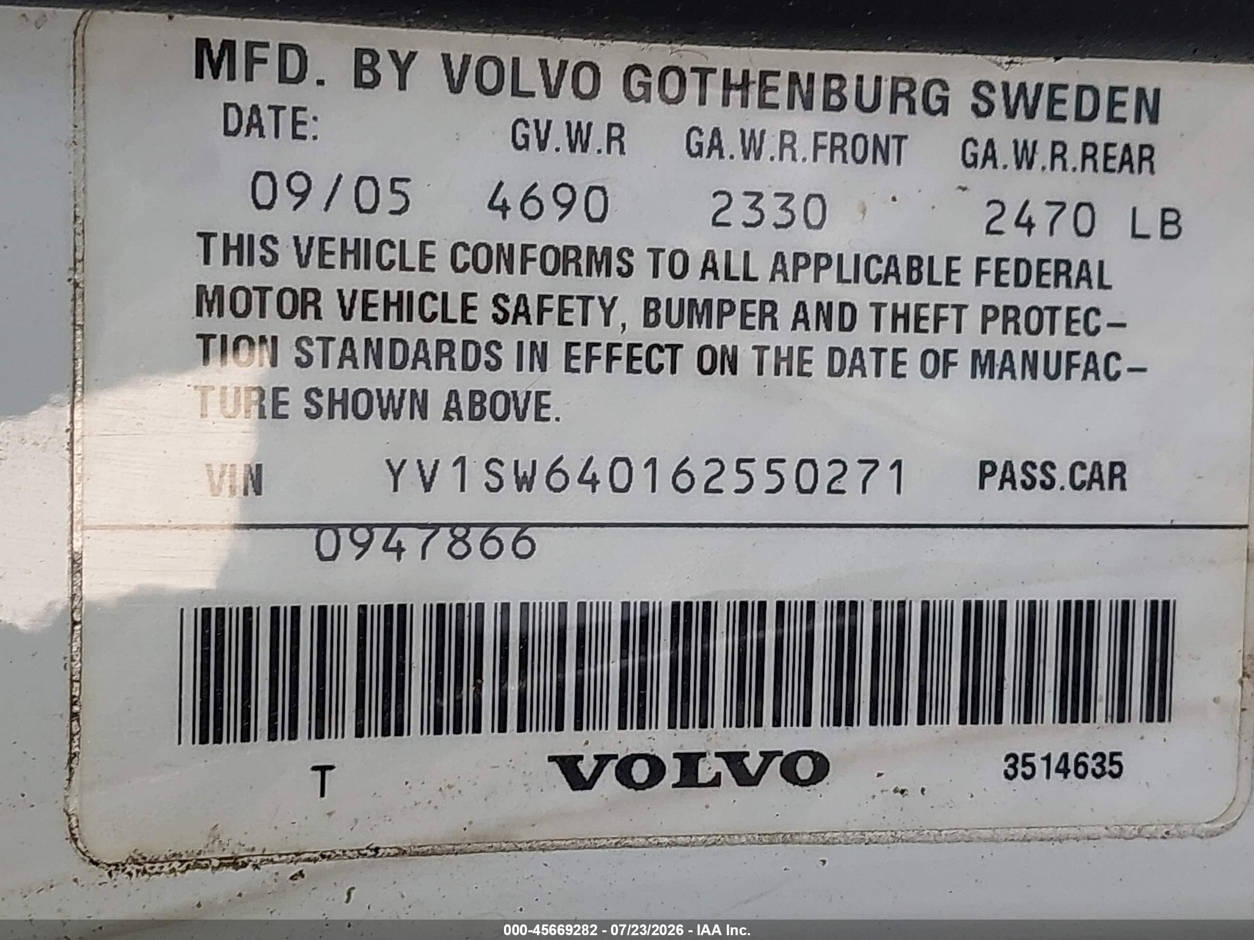 2006 Volvo V70 2.4 White vin: YV1SW640162550271