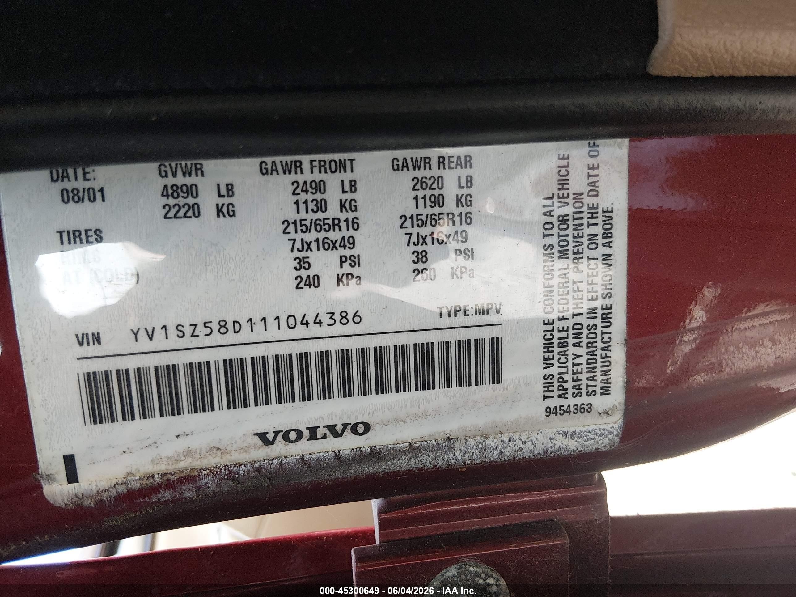 2001 Volvo V70 Xc Red vin: YV1SZ58D111044386