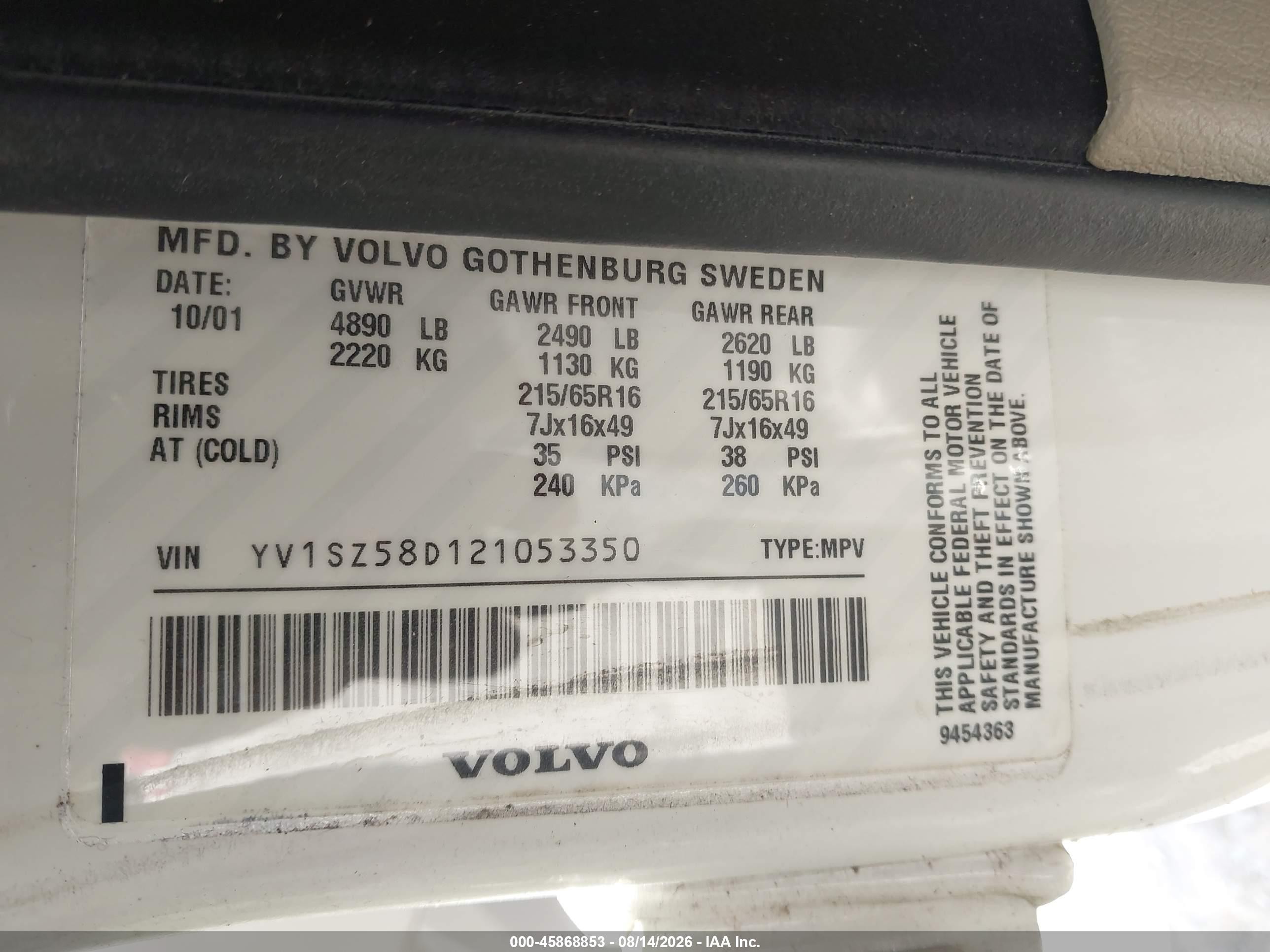 2002 Volvo V70 Xc White vin: YV1SZ58D121053350
