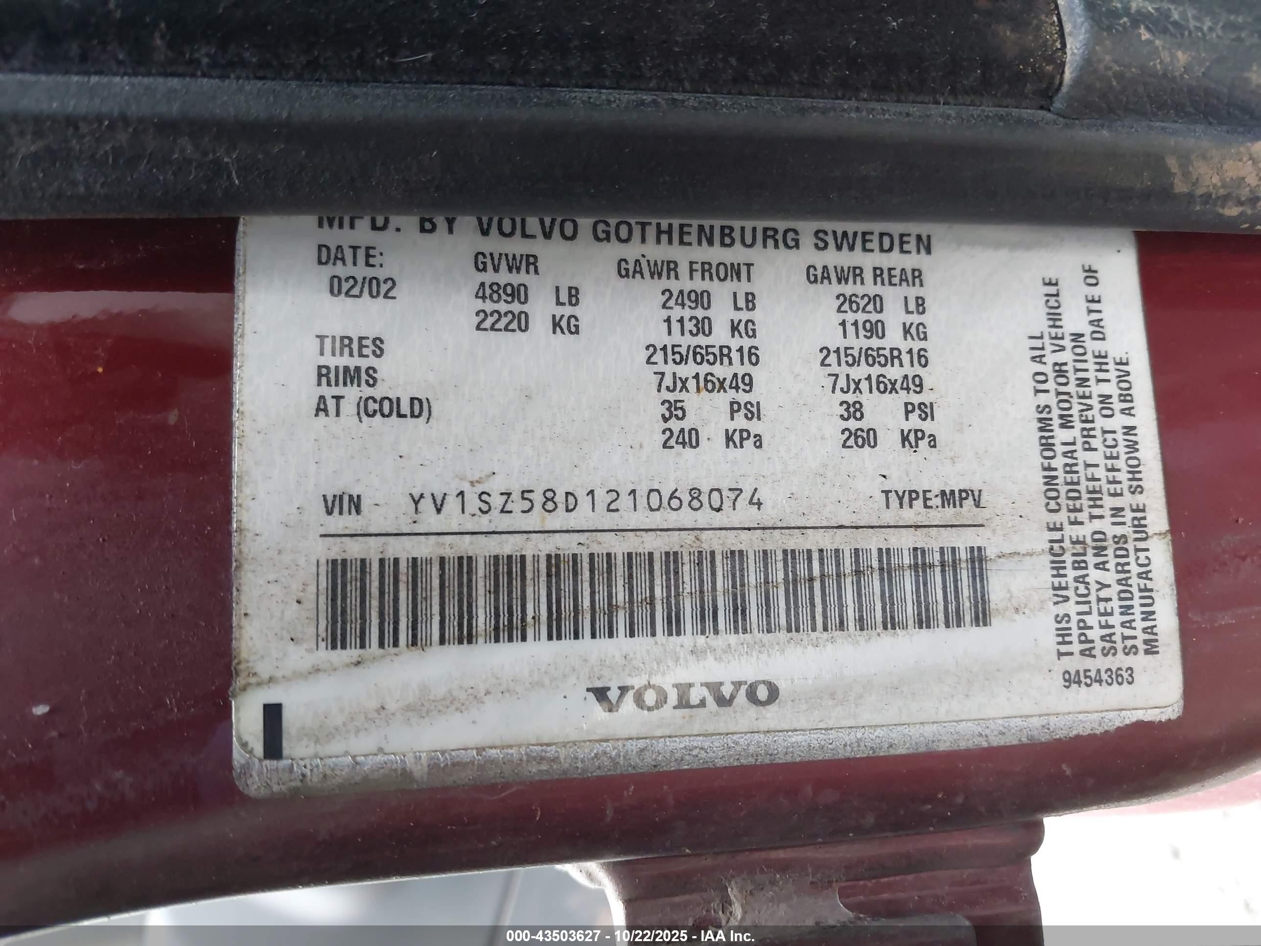 2002 Volvo V70 Xc Красный vin: YV1SZ58D121068074