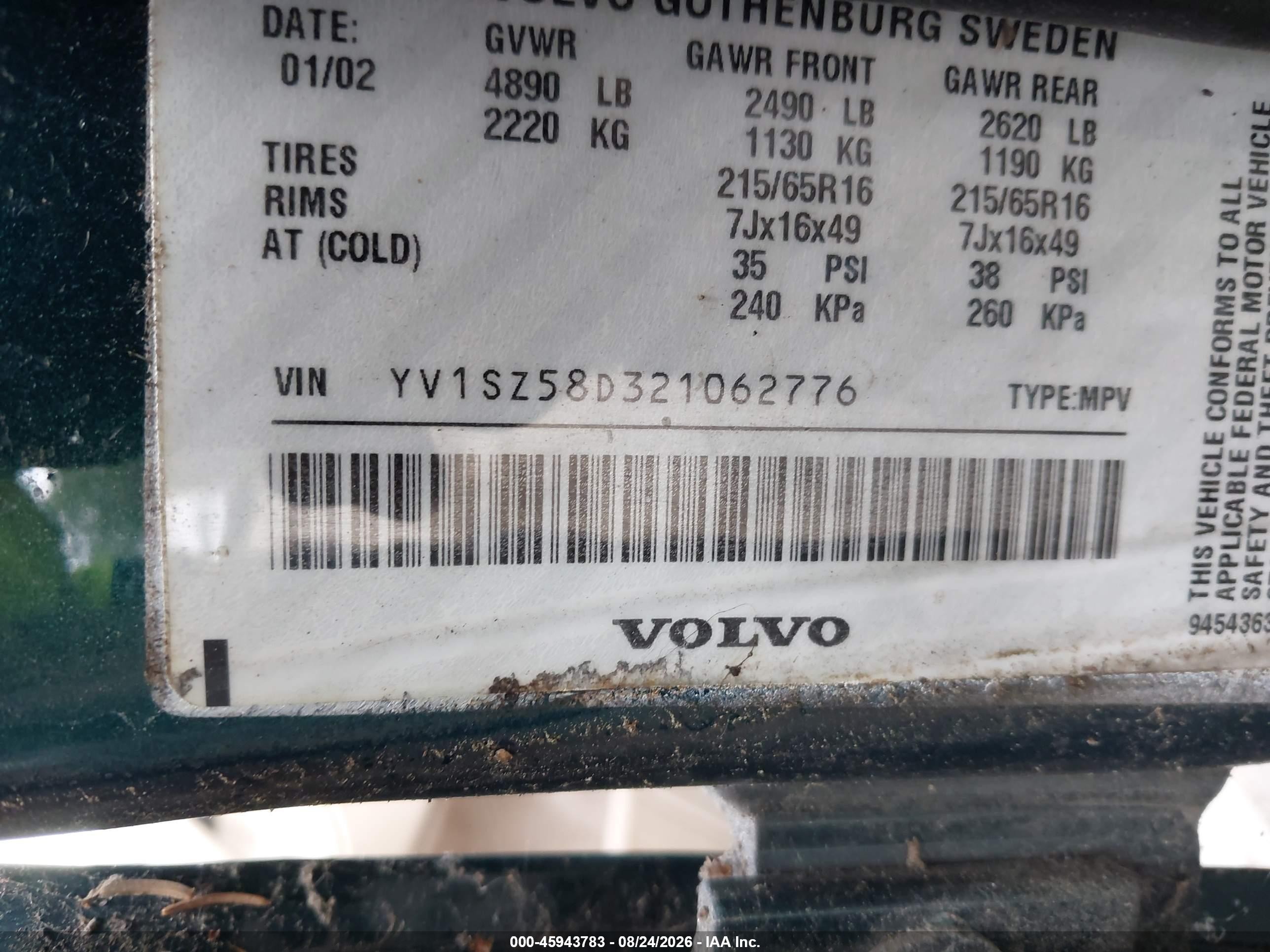 2002 Volvo V70 Xc Зеленый vin: YV1SZ58D321062776
