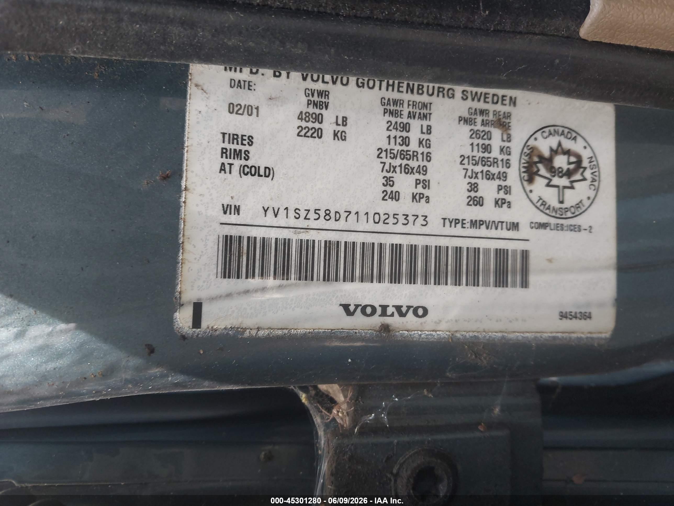 2001 Volvo V70 Xc Blue vin: YV1SZ58D711025373