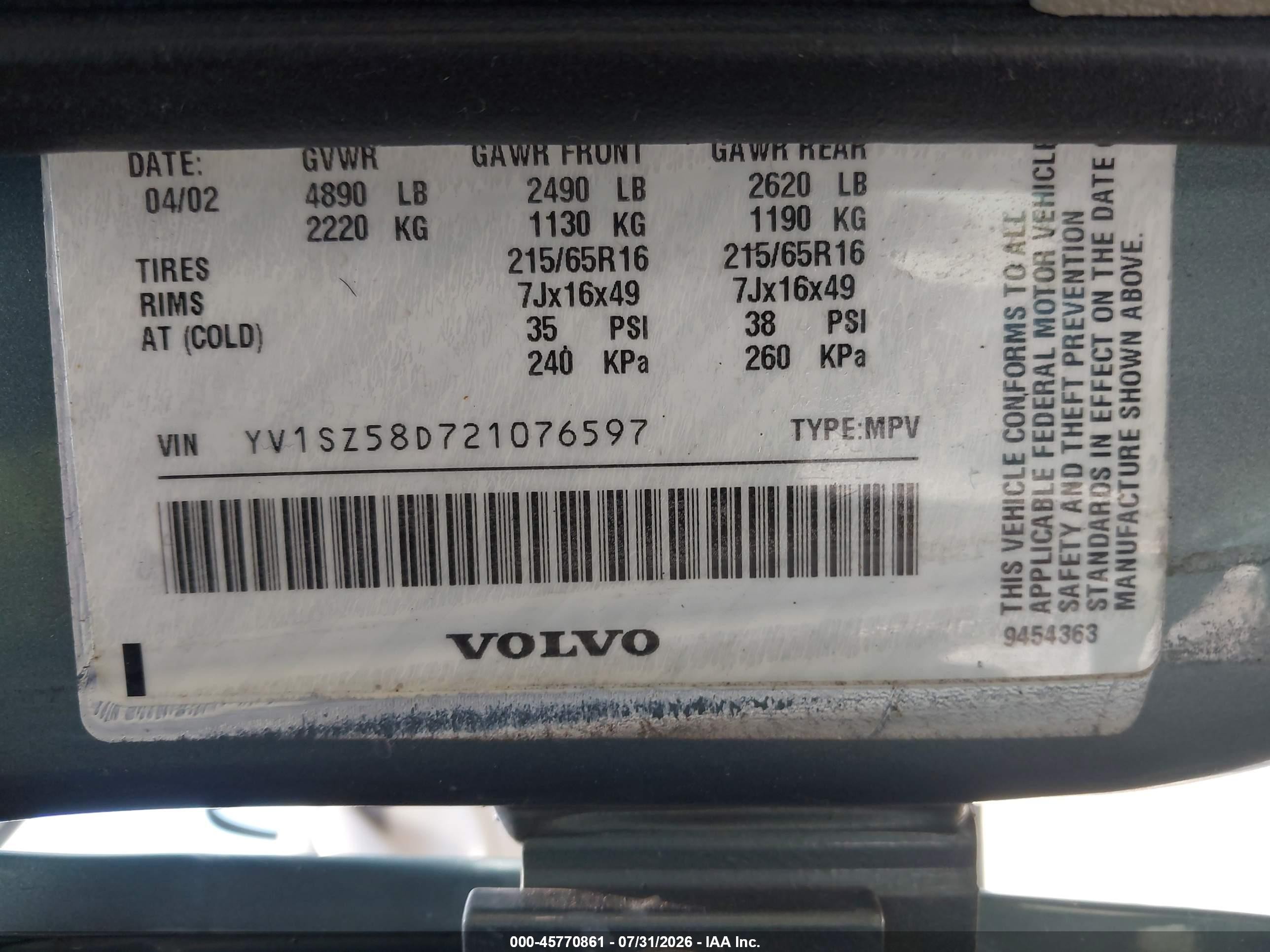 2002 Volvo V70 Xc Blue vin: YV1SZ58D721076597