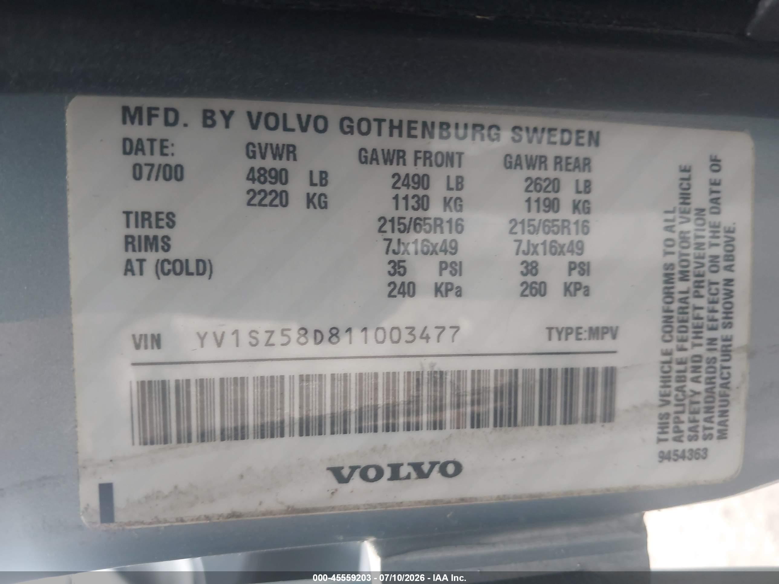 2001 Volvo V70 Xc Blue vin: YV1SZ58D811003477