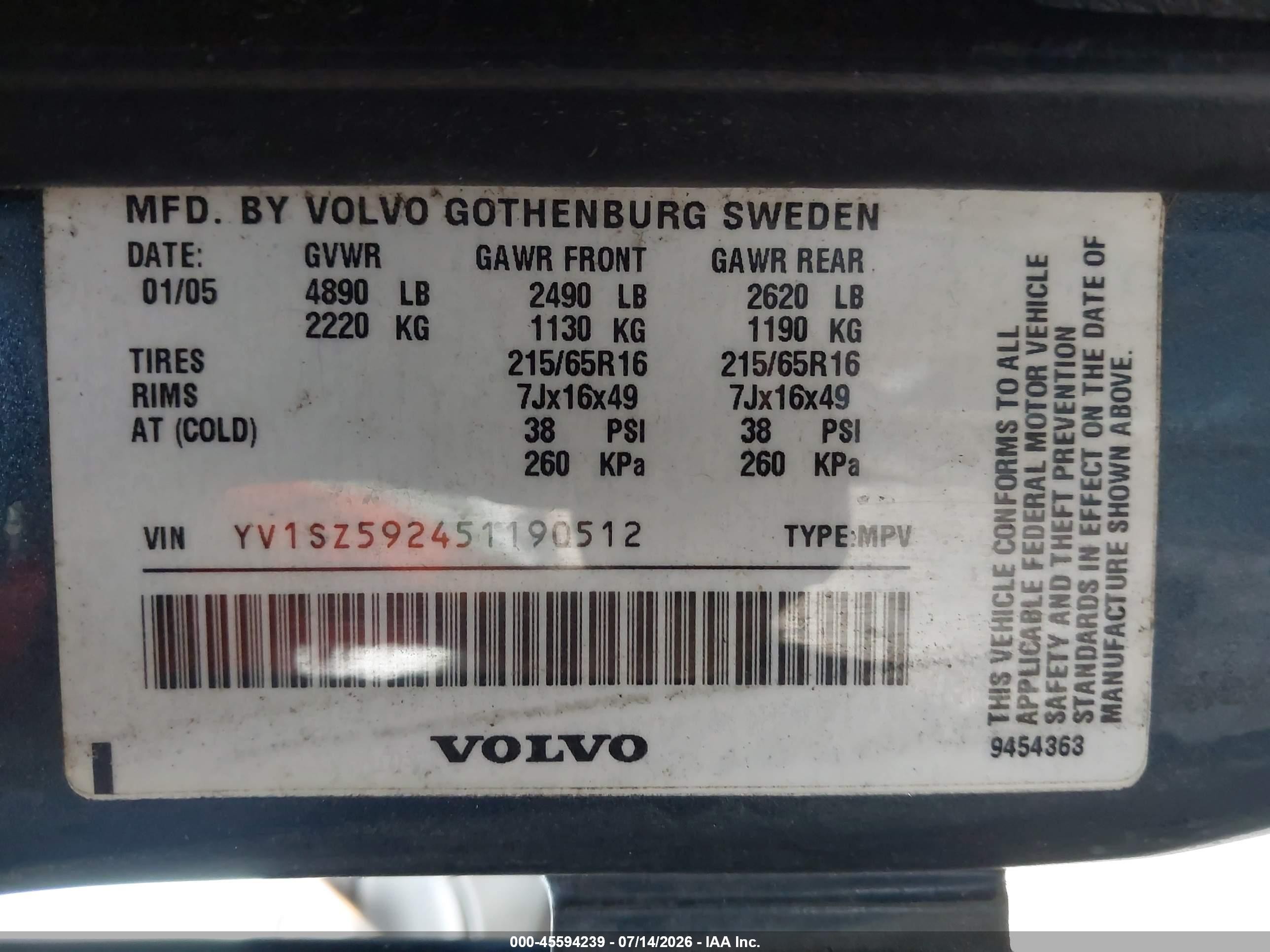 2005 Volvo Xc70 2.5t A Awd/2.5t A Awd Sr Blue vin: YV1SZ592451190512