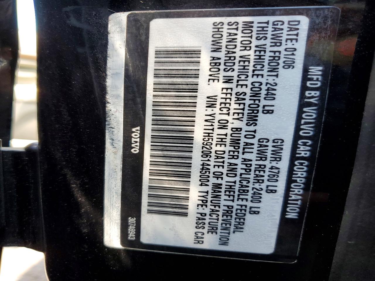 2006 Volvo S80 2.5t Black vin: YV1TH592061445004
