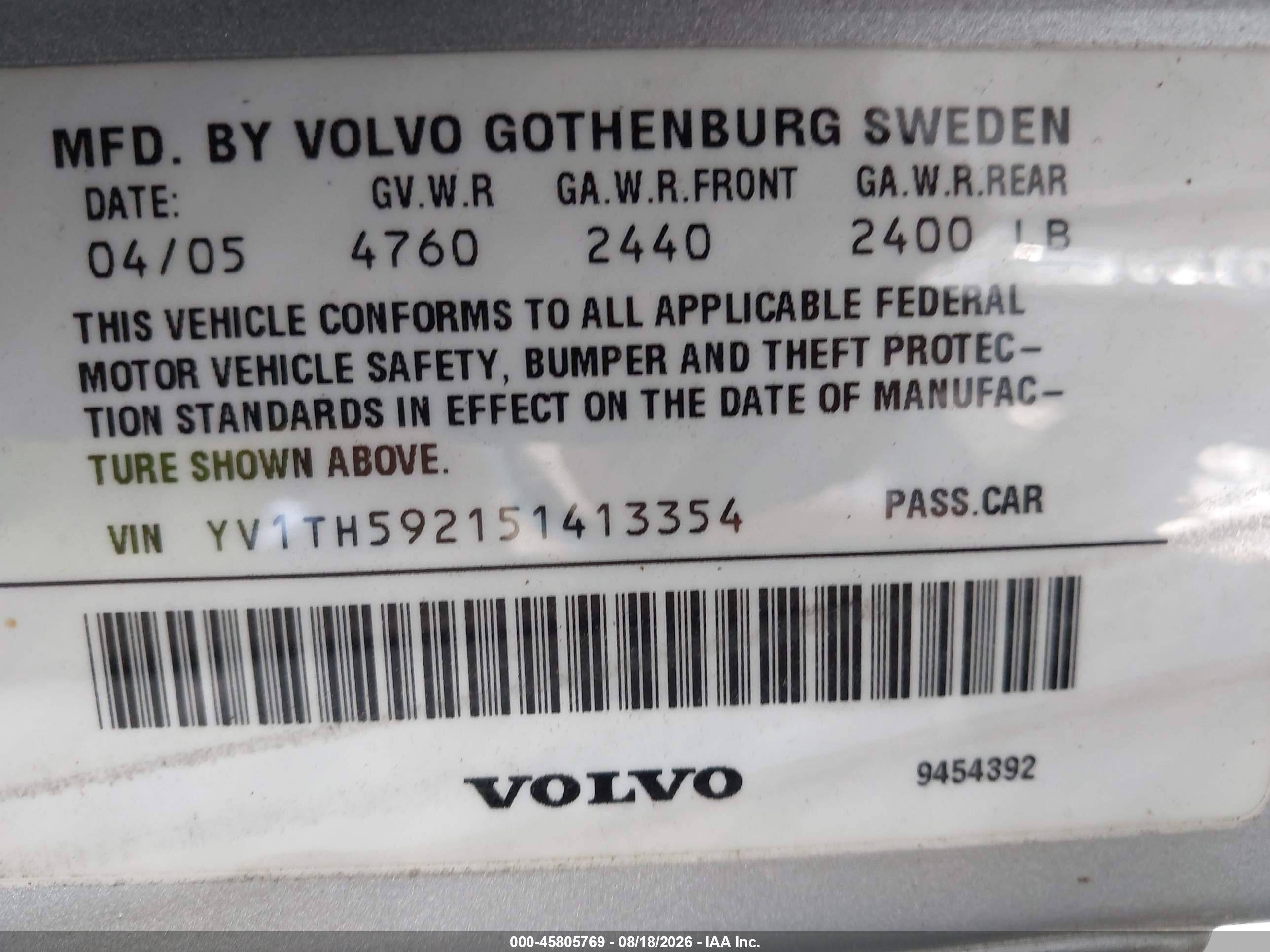 2005 Volvo S80 2.5t A Awd/2.5t A Awd Sr/2.5t A Sr Silver vin: YV1TH592151413354