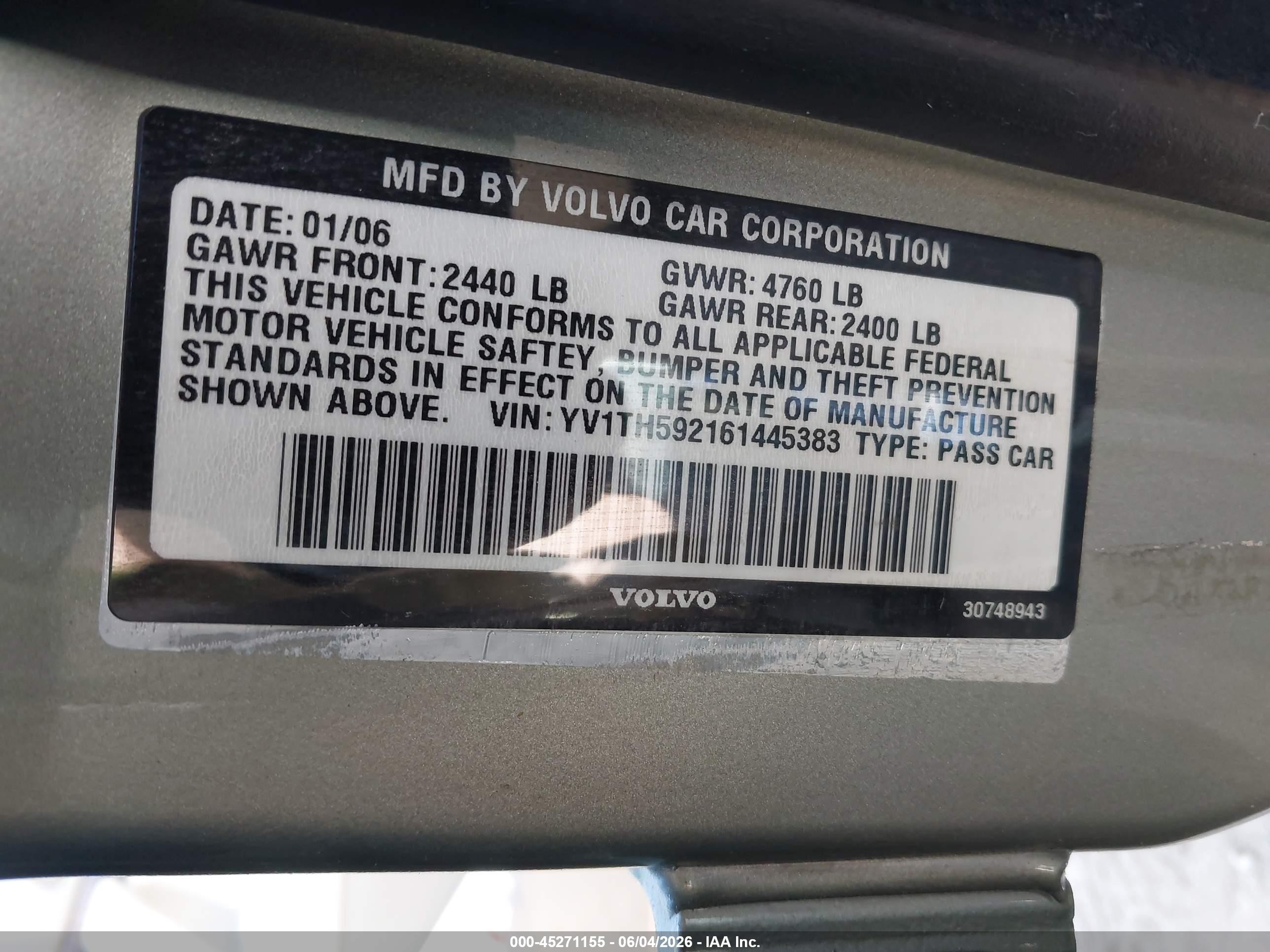 2006 Volvo S80 2.5t Серый vin: YV1TH592161445383