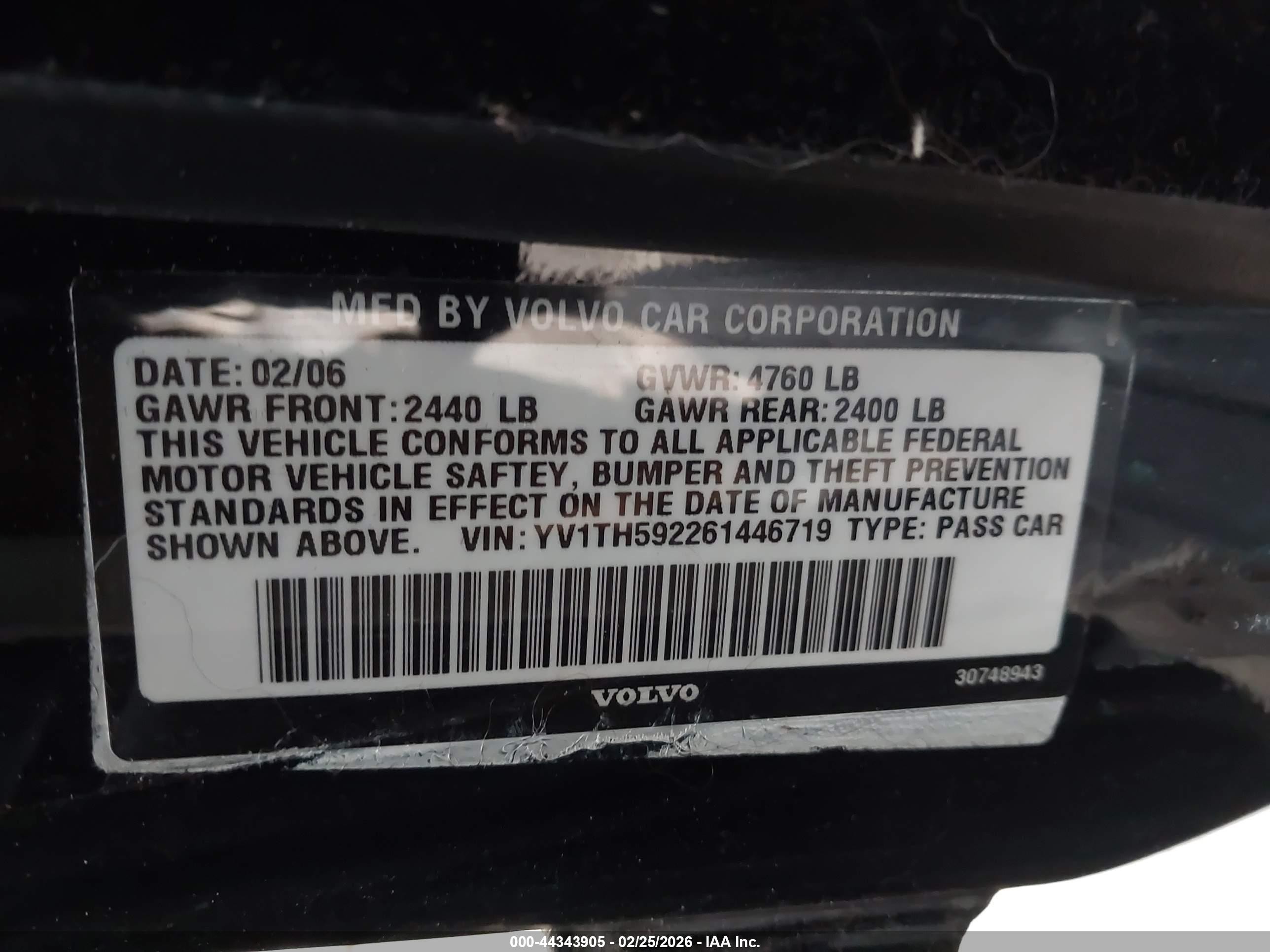 2006 Volvo S80 2.5t Black vin: YV1TH592261446719