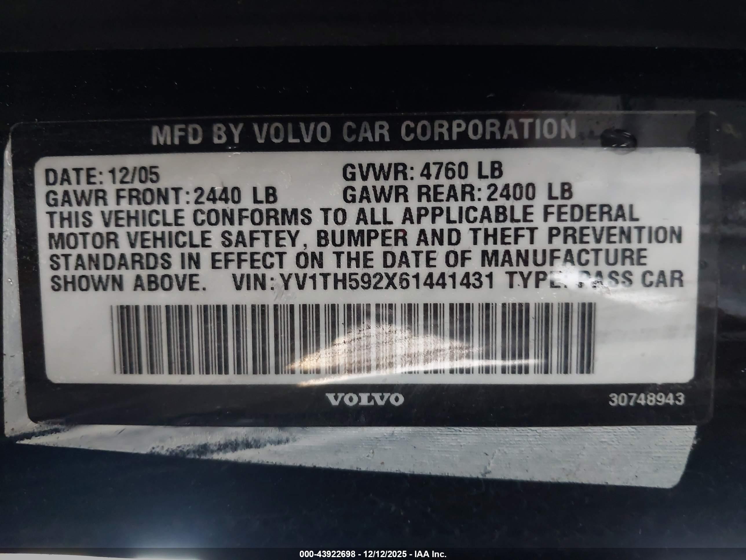 2006 Volvo S80 2.5t Black vin: YV1TH592X61441431