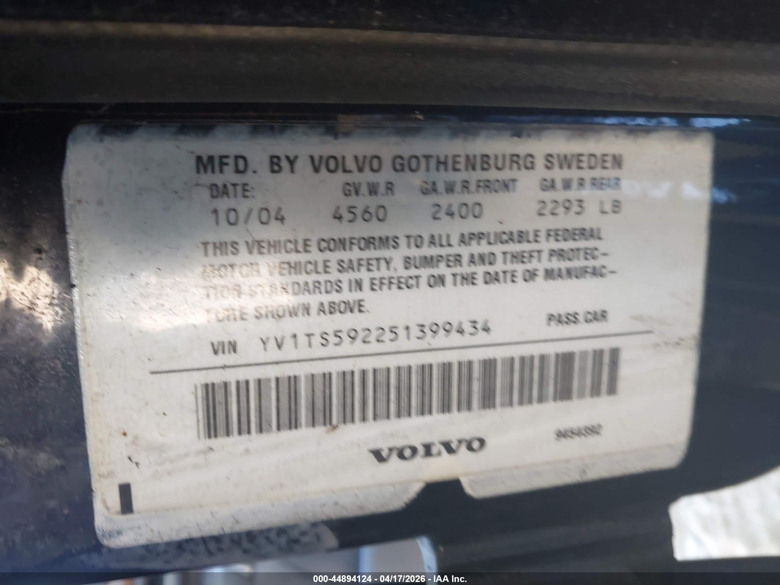 2005 Volvo S80 2.5t Black vin: YV1TS592251399434
