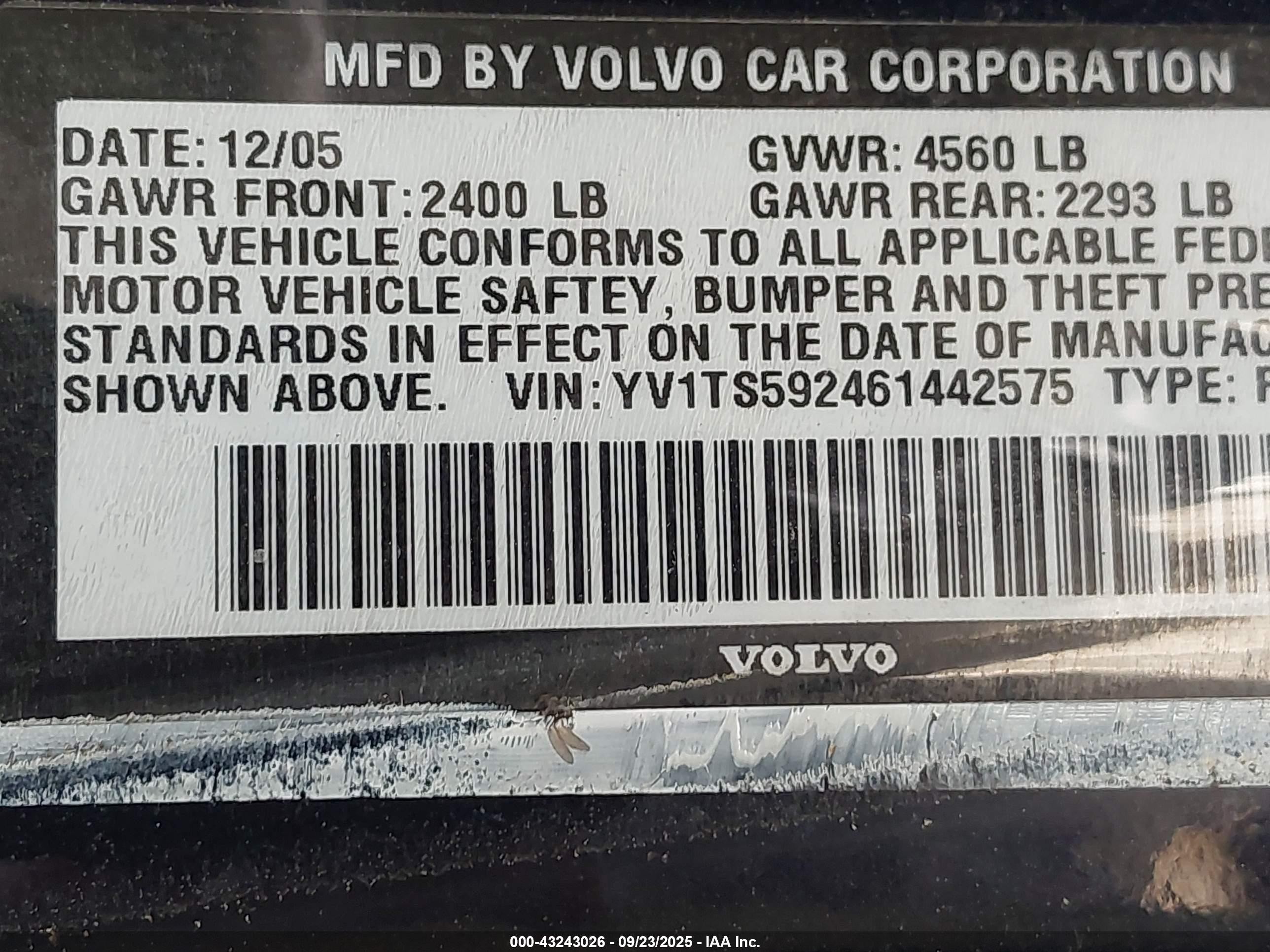 2006 Volvo S80 2.5t Black vin: YV1TS592461442575