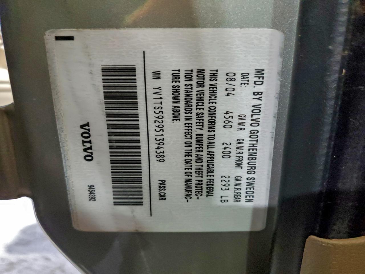 2005 Volvo S80 2.5t Silver vin: YV1TS592951394389