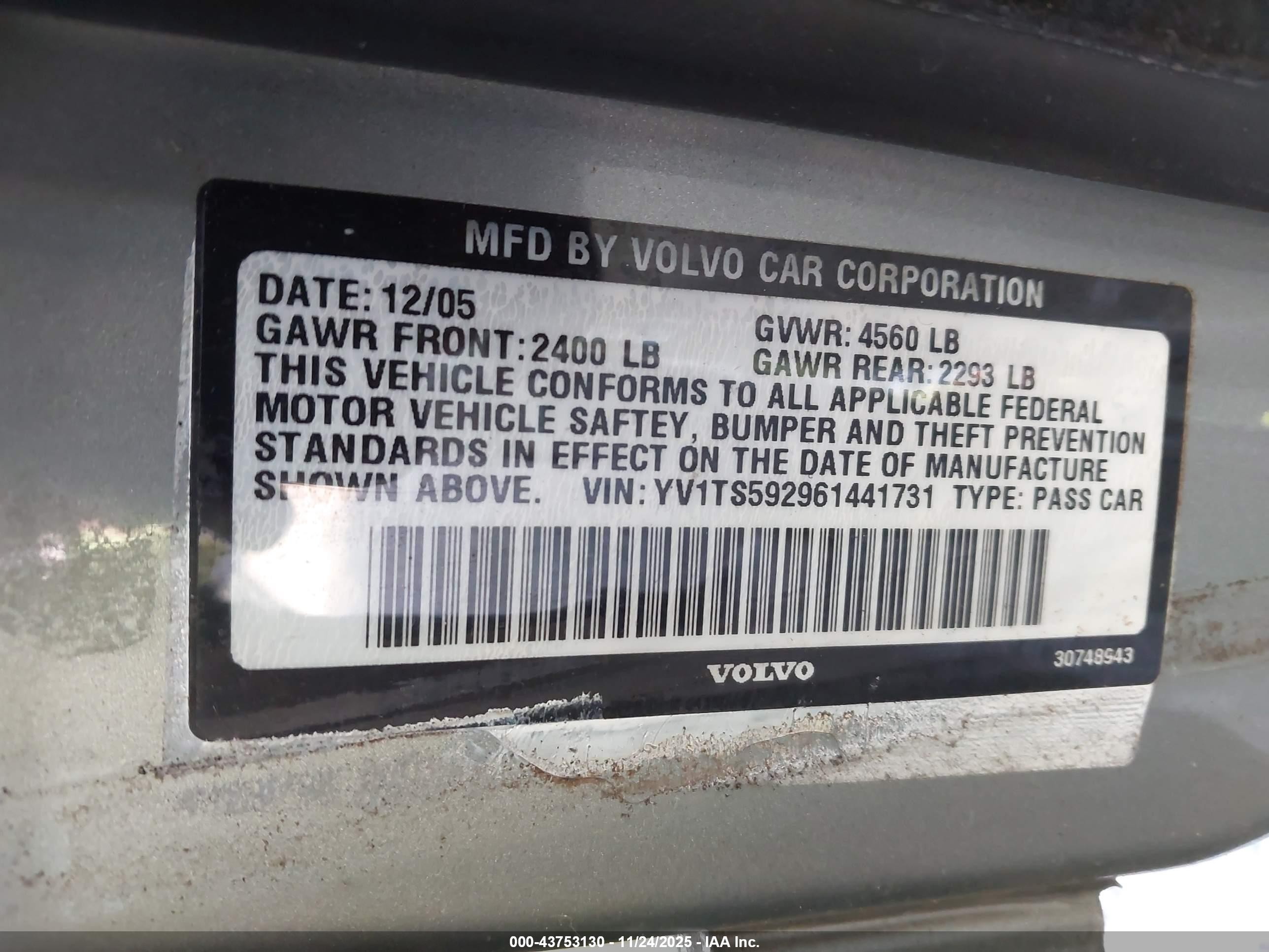 2006 Volvo S80 2.5t Gray vin: YV1TS592961441731