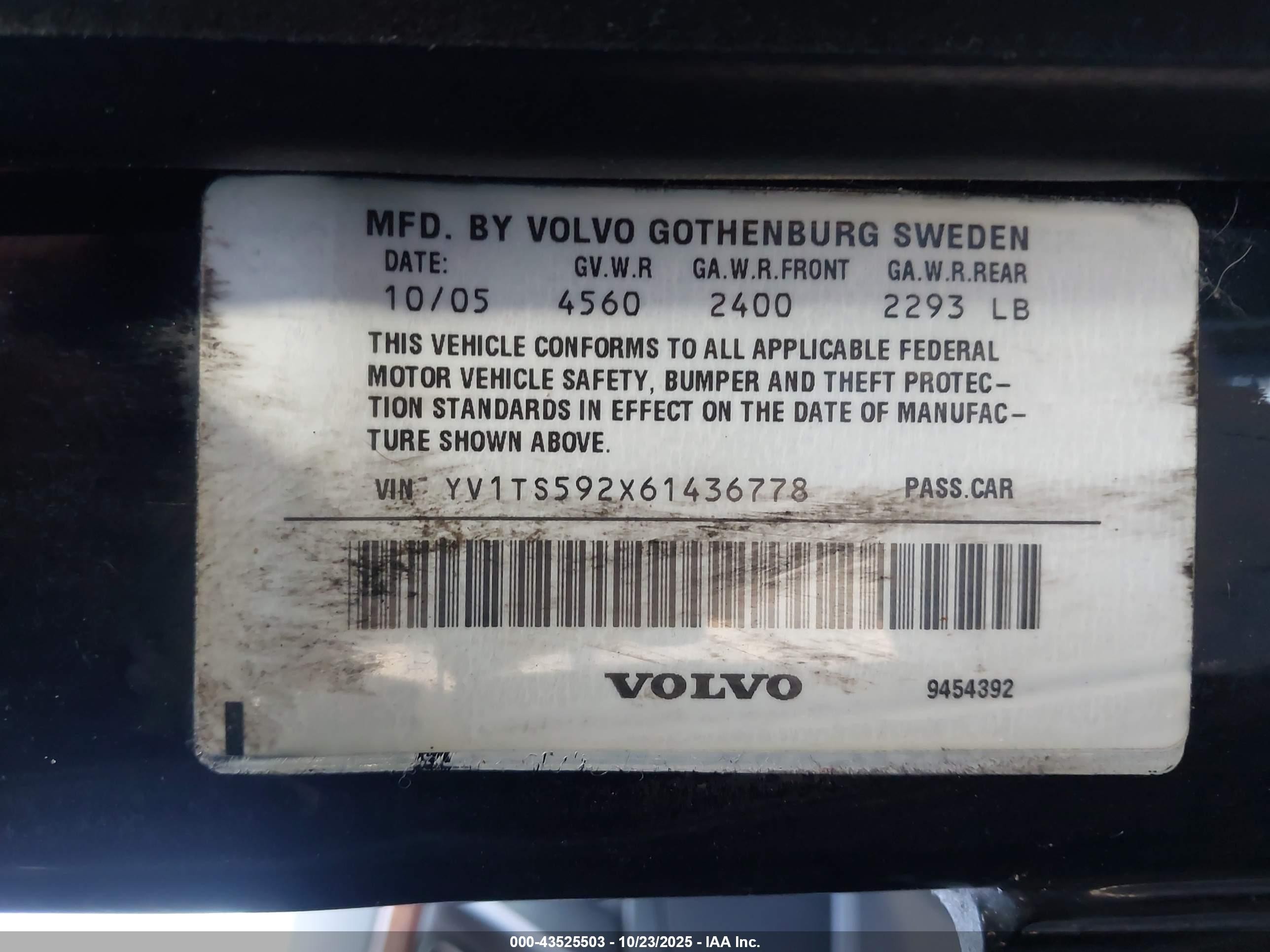 2006 Volvo S80 2.5t Black vin: YV1TS592X61436778