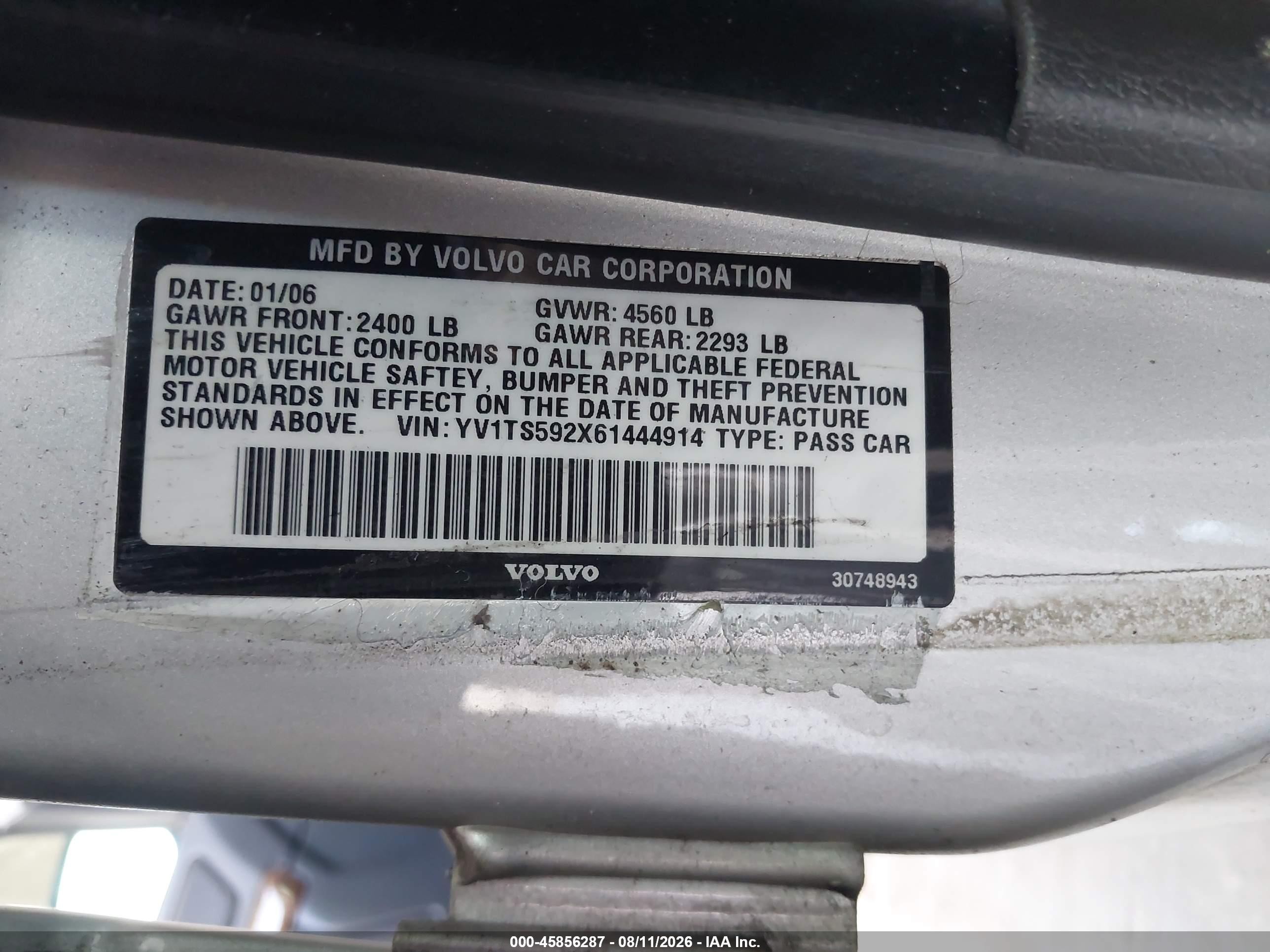 2006 Volvo S80 2.5t Silver vin: YV1TS592X61444914