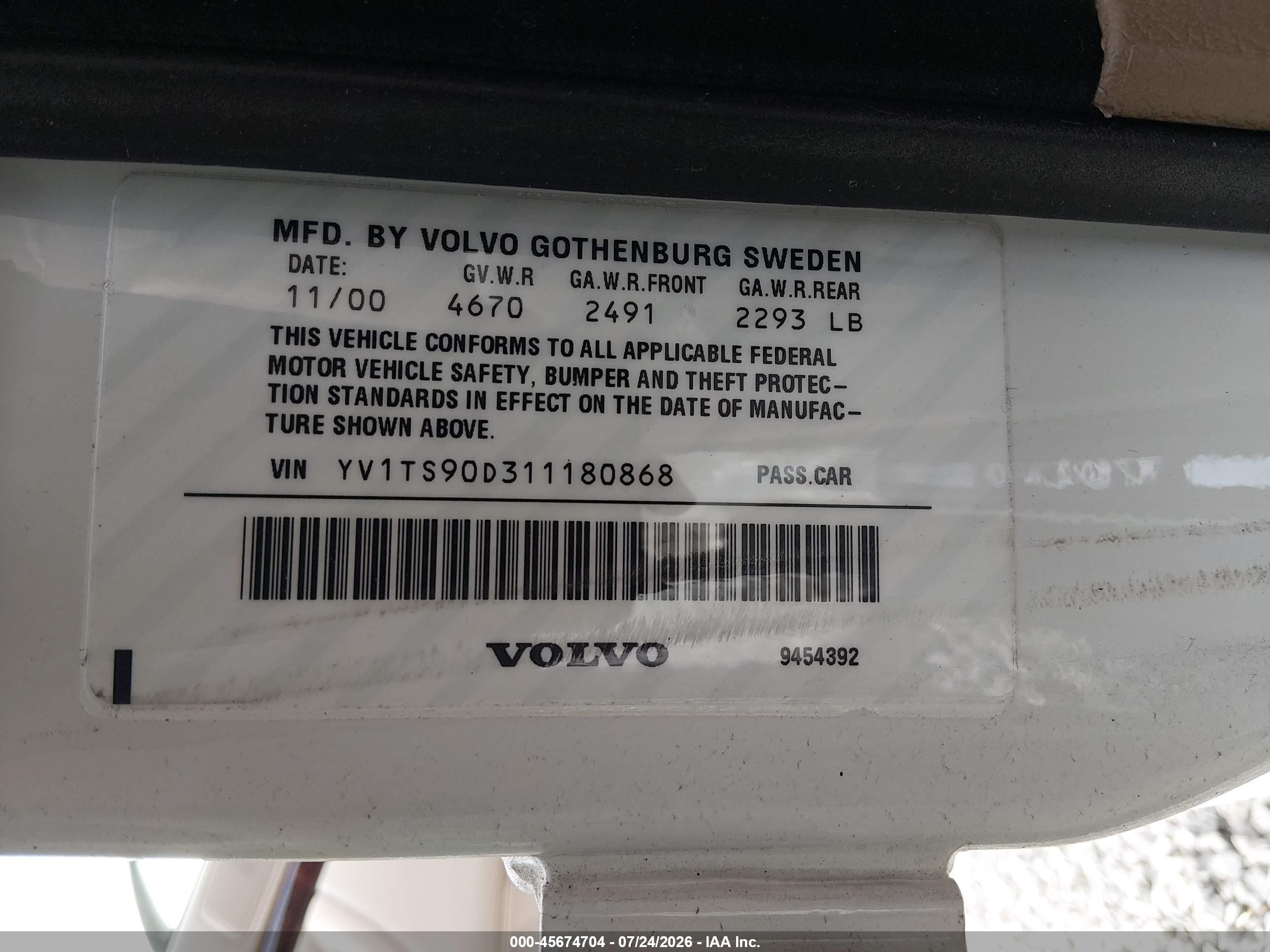 2001 Volvo S80 T6 White vin: YV1TS90D311180868