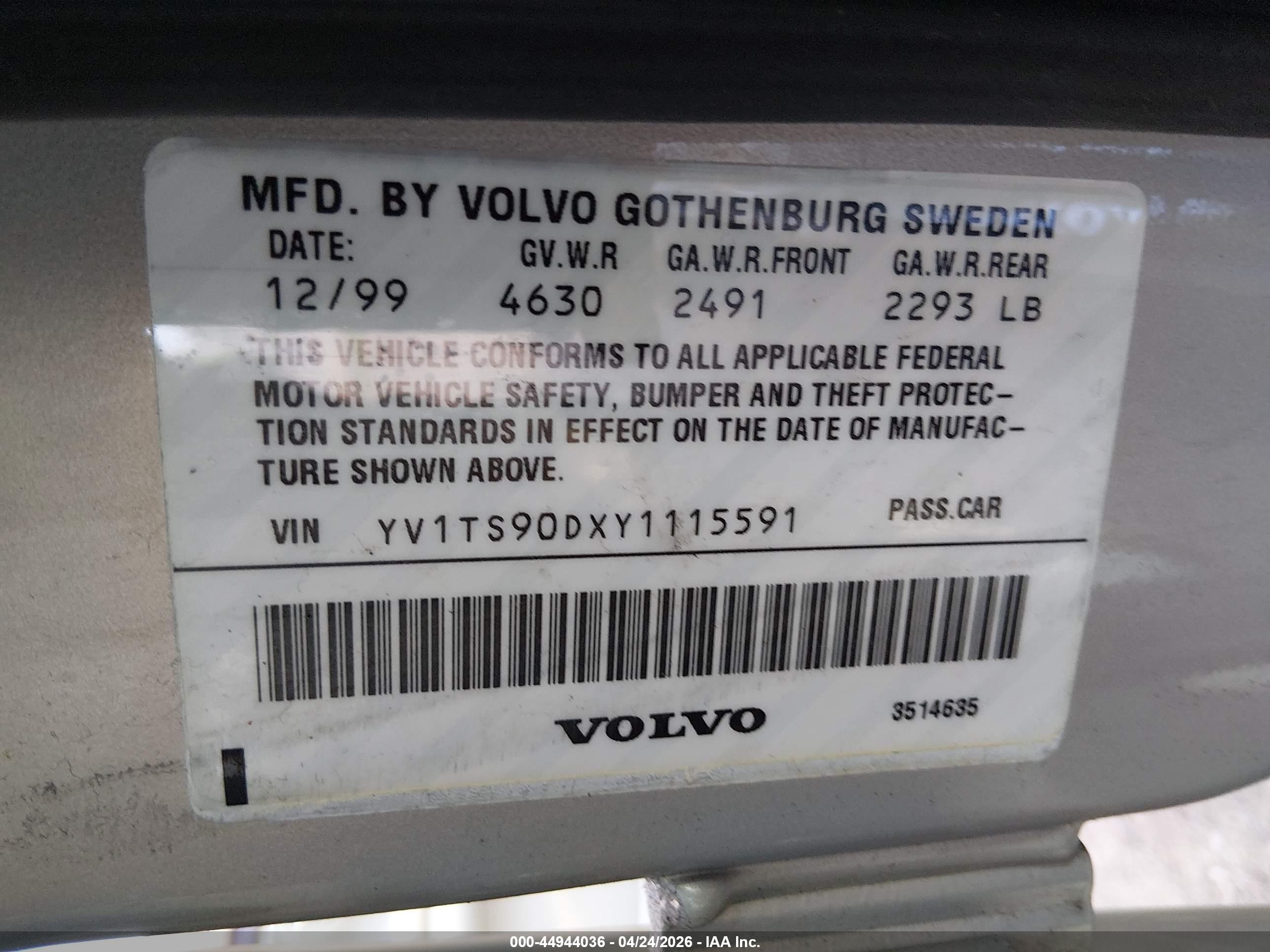 2000 Volvo S80 T-6 Серый vin: YV1TS90DXY1115591