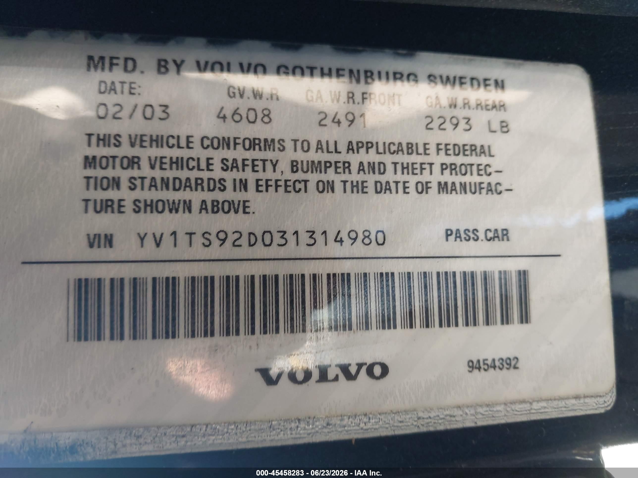 2003 Volvo S80 2.9 Black vin: YV1TS92D031314980